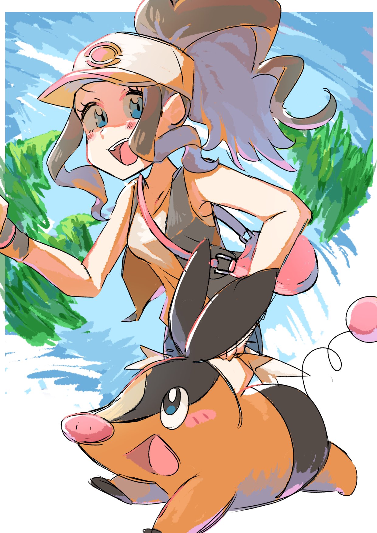 ichigomilk 0312, hilda (pokemon), tepig, nintendo, pokemon, pokemon bw, highres, 1girl, baseball cap, black vest, blue eyes, blush, breasts, brown hair, cutoffs, denim, denim shorts, exposed pocket, gen 5 pokemon, hat, high ponytail, long hair, open clothes, open mouth, open vest, pig, poke ball print, pokemon (creature), ponytail, shirt, short shorts, shorts, sidelocks, smile, teeth, upper teeth only, vest, white shirt, wristband