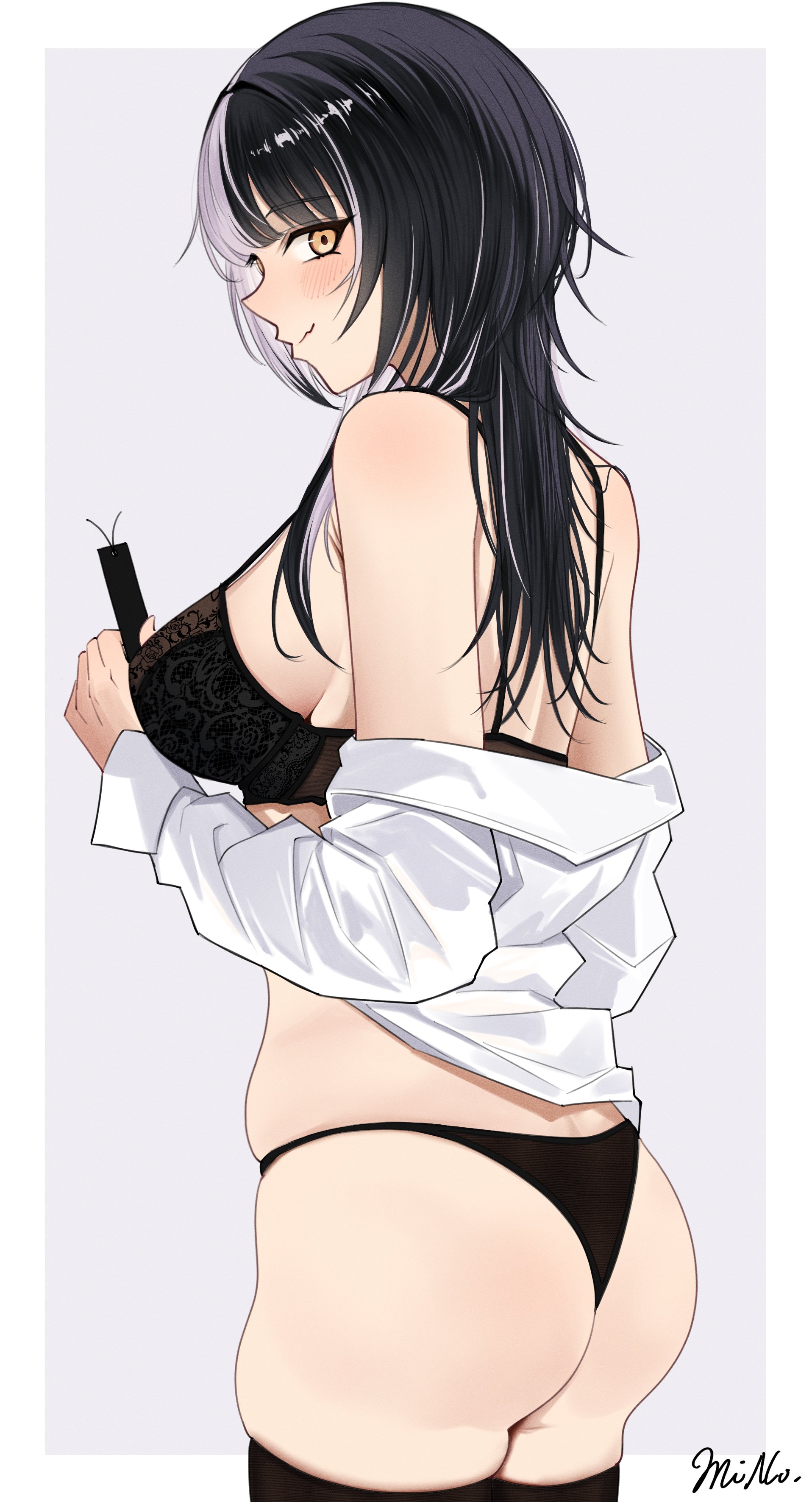 mino (miiiinon611), shiori novella, hololive, hololive english, absurdres, highres, 1girl, ass, black bra, black hair, black panties, black thighhighs, blouse, bra, breasts, closed mouth, grey hair, large breasts, long hair, multicolored hair, panties, shirt, solo, split-color hair, thighhighs, two-tone hair, underwear, virtual youtuber, white shirt, yellow eyes