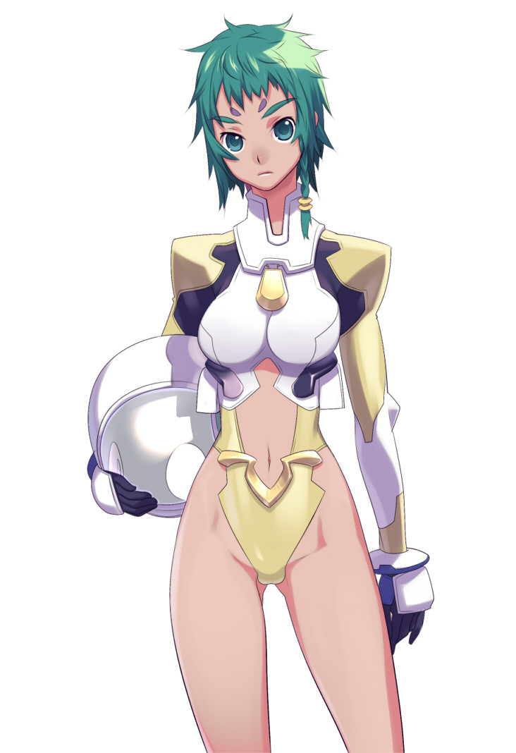 tensugi takashi, original, bad id, bad pixiv id, 1girl, bodysuit, braid, female focus, green eyes, green hair, helmet, legs, matching hair/eyes, short hair, side braid, solo