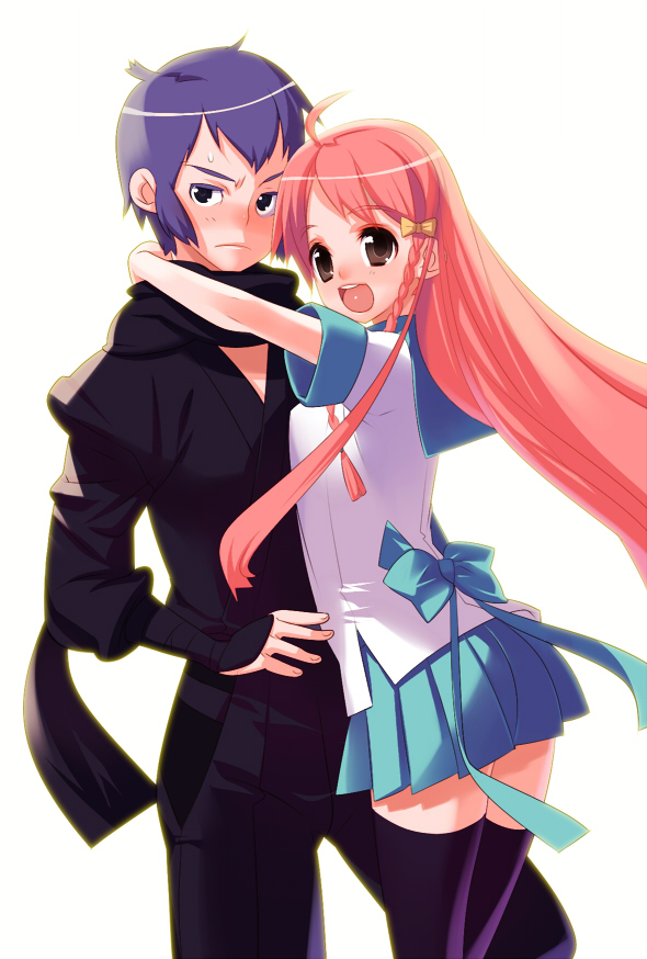 tensugi takashi, kagemori mamoru, konnyaku yuuna, kage kara mamoru!, bad id, bad pixiv id, 00s, 1boy, 1girl, ahoge, black thighhighs, braid, brown eyes, hetero, hug, long hair, pink hair, school uniform, serafuku, thighhighs