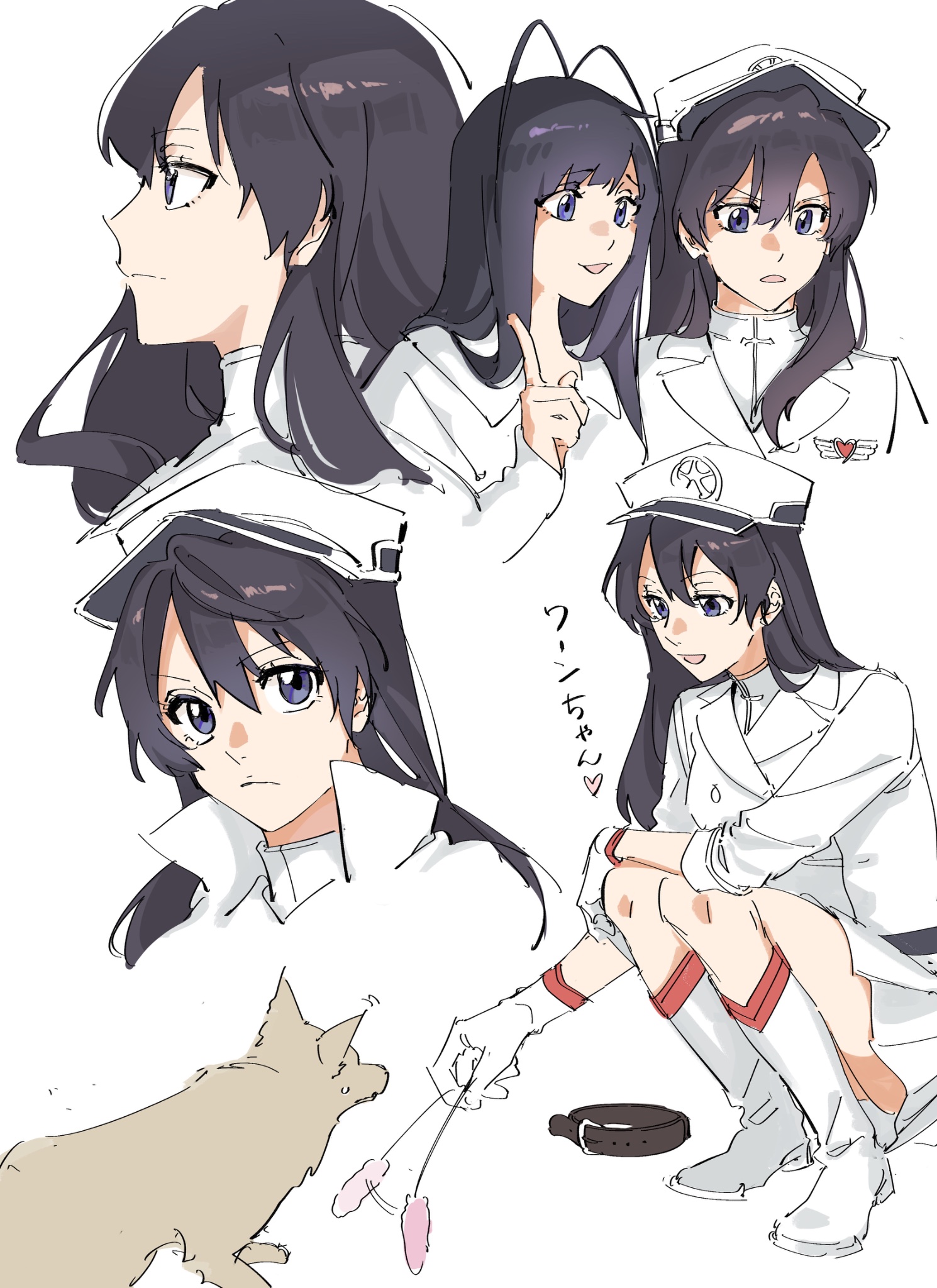 nanao parakeet, bambietta basterbine, giselle gewelle, komamura sajin, bleach, bleach: sennen kessen-hen, commentary, highres, translated, >:(, 1boy, 1girl, :d, antenna hair, belt, black belt, black hair, blue eyes, blunt bangs, boots, brooch, brown dog, closed mouth, cropped torso, dog, eyes visible through hair, from side, frown, full body, gloves, hair between eyes, hair over shoulder, hand up, hat, heart, heart brooch, index finger raised, jacket, jewelry, long hair, long sleeves, looking at animal, looking at viewer, military hat, military uniform, miniskirt, motion lines, multiple views, no headwear, open mouth, peaked cap, pleated skirt, profile, simple background, sketch, skirt, smile, squatting, straight hair, trap, upper body, v-shaped eyebrows, white background, white boots, white gloves, white hat, white jacket, white skirt
