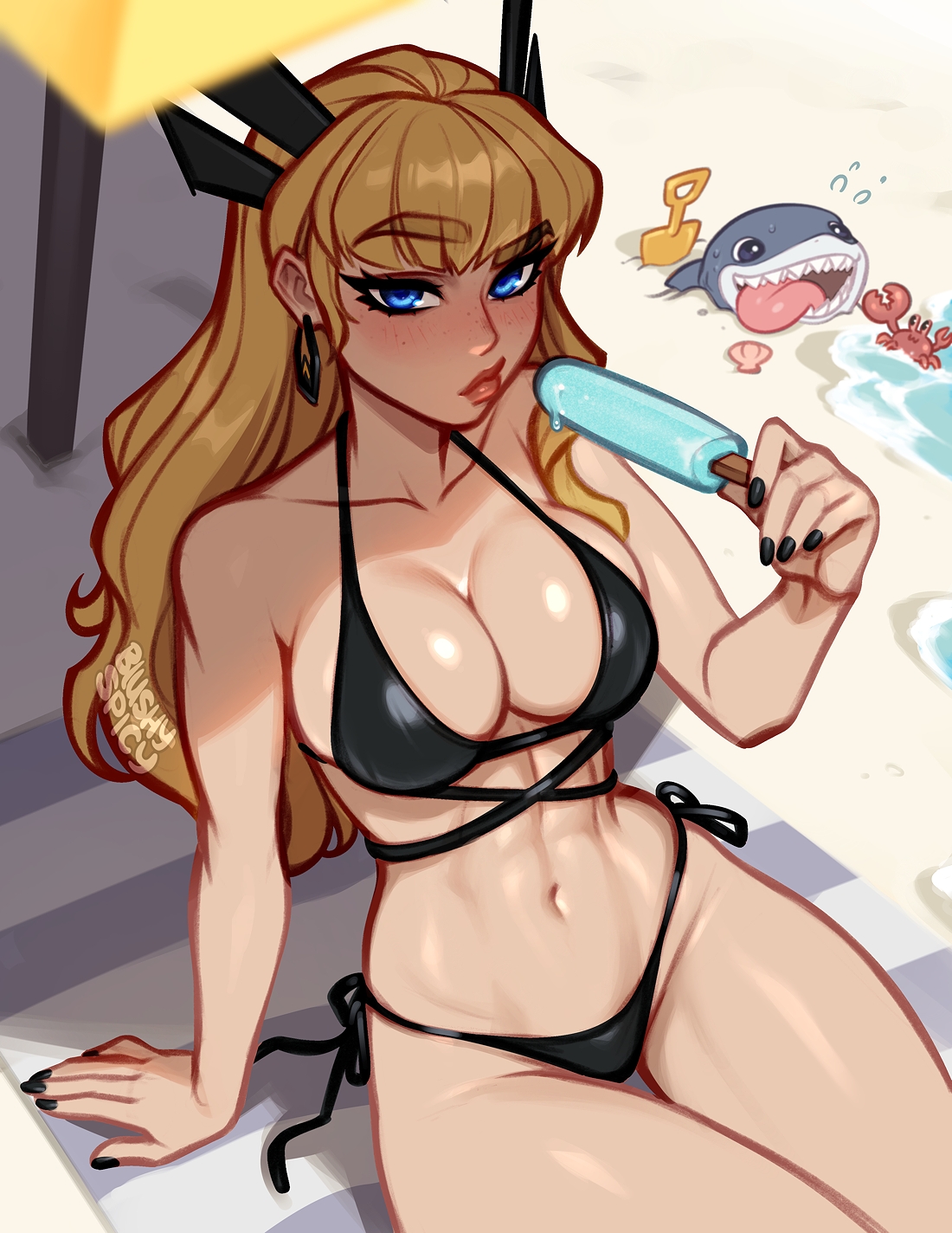 blushyspicy, jeff (marvel), magik (x-men), marvel, marvel rivals, x-men, commentary, commentary request, english commentary, highres, 1girl, arm support, artist name, bare arms, bare shoulders, beach, beach towel, bikini, black bikini, black nails, blonde hair, blue eyes, blush, breasts, buried, closed mouth, crab, day, earrings, fingernails, food, freckles, hand up, holding, holding food, holding popsicle, jewelry, large breasts, lips, long fingernails, long hair, looking at viewer, multi-strapped bikini top, nail polish, navel, open mouth, outdoors, popsicle, sand, seashell, shade, shark, sharp teeth, shell, shiny skin, shore, shovel, side-tie bikini bottom, sitting, solo, string bikini, swimsuit, teeth, thigh gap, tongue, tongue out, towel, very long hair, water