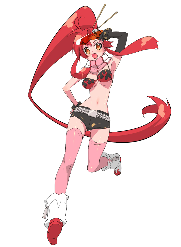 tensugi takashi, yoko littner, tengen toppa gurren lagann, bad id, bad pixiv id, 00s, 1girl, adjusting eyewear, bikini, bikini top only, boots, elbow gloves, female focus, glasses, gloves, long hair, orange eyes, pink thighhighs, ponytail, red hair, safety glasses, scarf, short shorts, shorts, solo, sunglasses, swimsuit, thighhighs, tinted eyewear, yellow-tinted eyewear