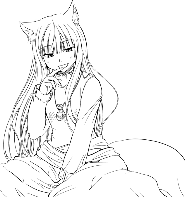 nekonote (nekono paraiso), holo, spice and wolf, 00s, 1girl, animal ear fluff, animal ears, female focus, finger to mouth, greyscale, lineart, long hair, looking at viewer, monochrome, sitting, smile, solo, wolf ears
