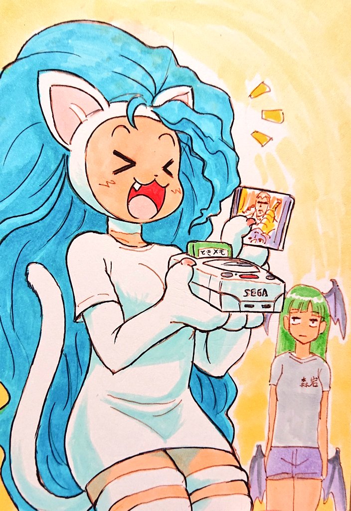 heika (heikahp), donovan baine, felicia (darkstalkers), morrigan aensland, darkstalkers, commentary, traditional media, translated, > <, 2girls, animal ears, animal hands, bat wings, black eyes, blue shorts, breasts, casual, cat ears, cat girl, cat tail, censored, censored identity, character name, claws, closed eyes, clothes writing, dress, fang, game console, grey shirt, happy, head wings, holding, jitome, long hair, looking at viewer, low wings, medium breasts, meta, multiple girls, notice lines, open mouth, orange background, sega saturn, shirt, short dress, short shorts, shorts, smile, standing, tail, very long hair, video game, white dress, wings