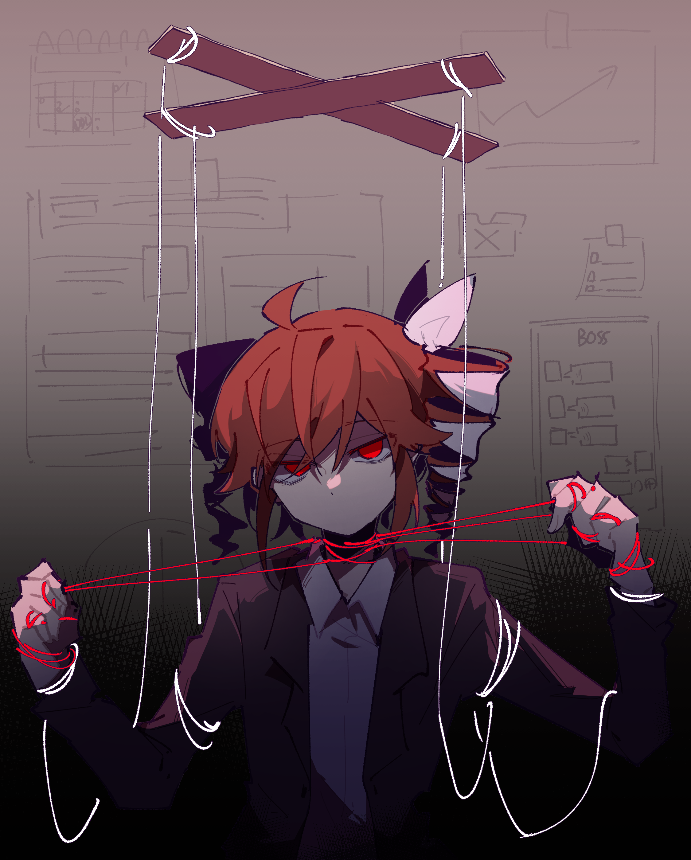 jiu (jiu076), kasane teto, kasane teto (sv), synthesizer v, utau, absurdres, highres, 1girl, ahoge, black jacket, bow, collared shirt, control bar, drill hair, hair bow, hataraite mo (synthesizer v), holding, holding string, jacket, long sleeves, looking at viewer, no mouth, puppet strings, red eyes, red hair, shaded face, shirt, short hair, solo, string, twin drills, upper body, white shirt