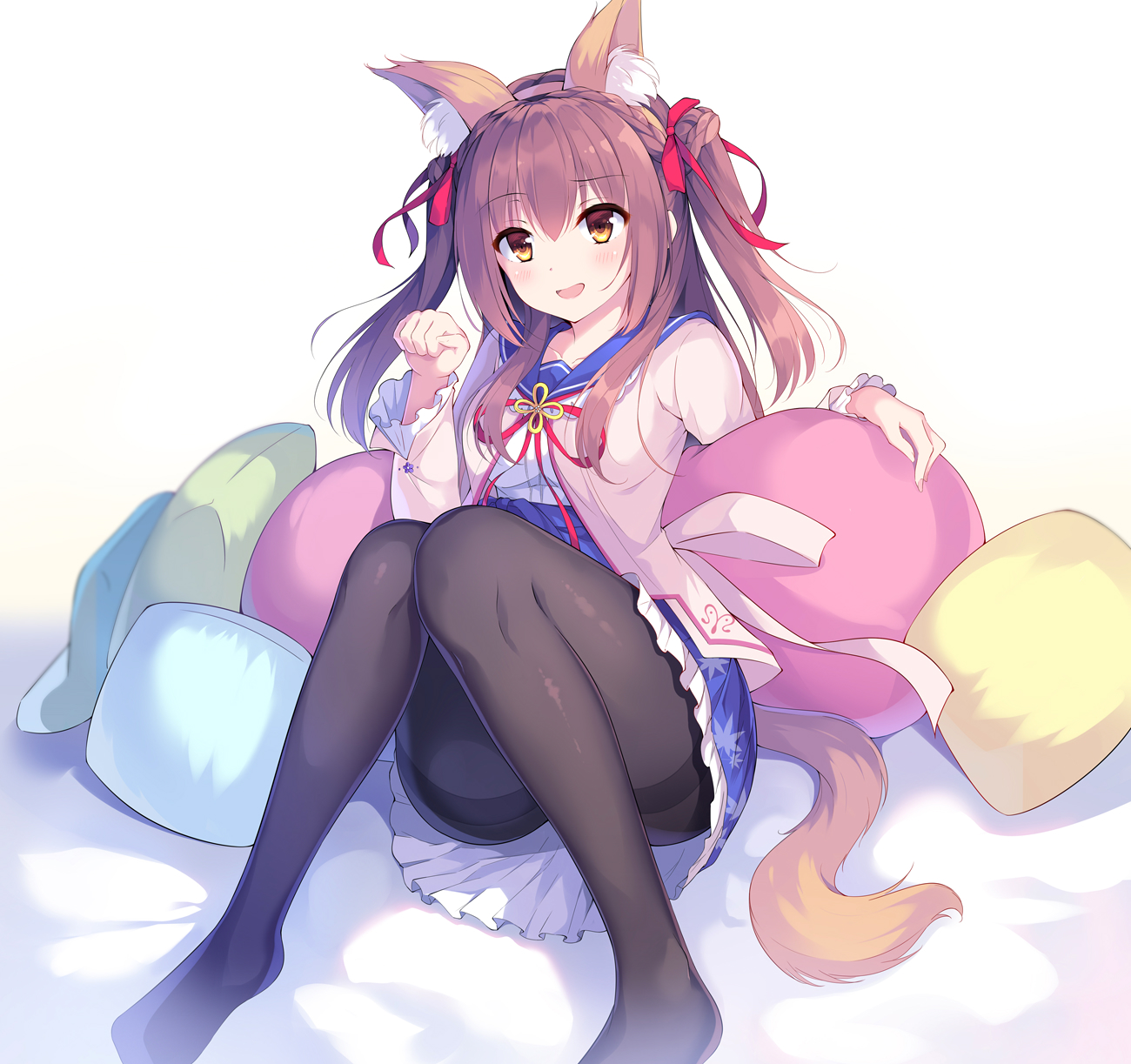 kagami (galgamesion), lump of sugar, yorite konoha wa kurenai ni, commentary request, highres, 1girl, animal ear fluff, animal ears, barefoot, black pantyhose, blue sailor collar, blue skirt, blush, braid, brown eyes, brown hair, cardigan, cat ears, cat girl, cat tail, crown braid, double-parted bangs, foot out of frame, frilled skirt, frilled sleeves, frills, hair between eyes, hair ribbon, knees up, leaf print, long hair, maple leaf print, on bed, open mouth, pantyhose, paw pose, pillow, pink cardigan, red ribbon, ribbon, sailor collar, sasaura suzuna, school uniform, shirt, sidelocks, simple background, sitting, skirt, solo, tail, thighband pantyhose, two side up, white background, white shirt