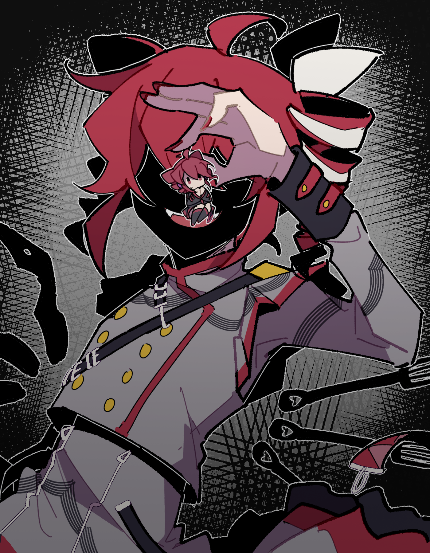 jiu (jiu076), kasane teto, kasane teto (sv), kasane teto (utau), synthesizer v, utau, highres, 2girls, ahoge, binomi (vocaloid), bow, drill hair, dual persona, grey jacket, grey skirt, hair bow, holding, holding mini person, jacket, knife, long sleeves, mini person, minigirl, multiple girls, open mouth, red eyes, red hair, short hair, skirt, smile, spatula, twin drills