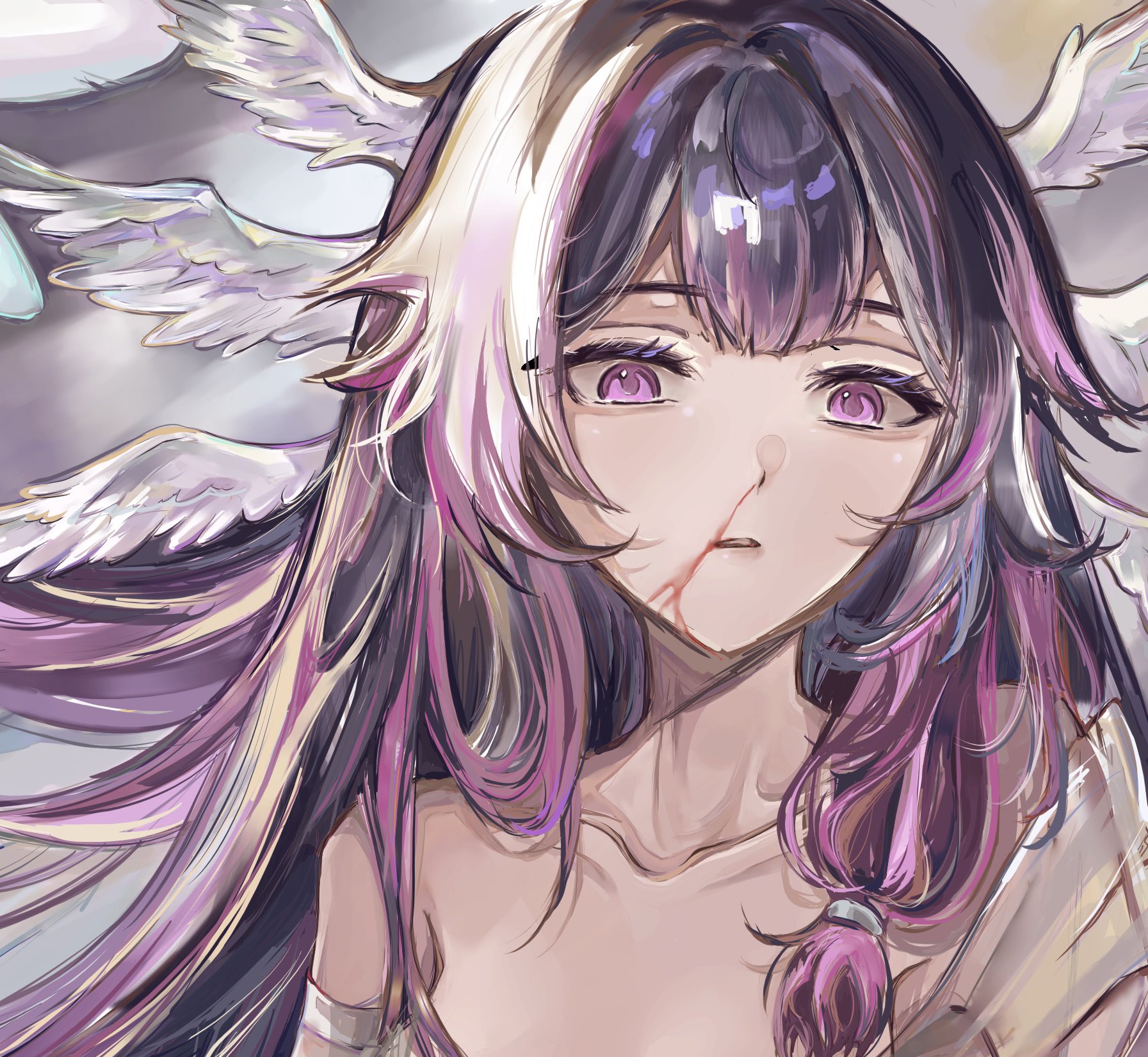 renyupa, columbina (genshin impact), genshin impact, hashtag-only commentary, highres, 1girl, black hair, blood, collarbone, feathered wings, long hair, looking at viewer, multicolored hair, nosebleed, portrait, purple eyes, purple hair, solo, two-tone hair, white wings, wings