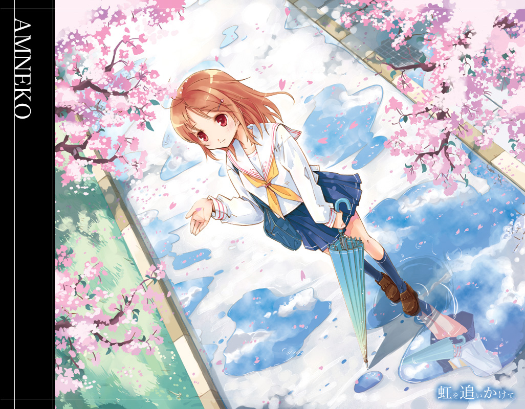 nagisa honoka, original, 1girl, album cover, brown hair, cherry blossoms, cover, female focus, hair ornament, hairclip, petals, puddle, red eyes, reflection, school uniform, serafuku, solo, umbrella
