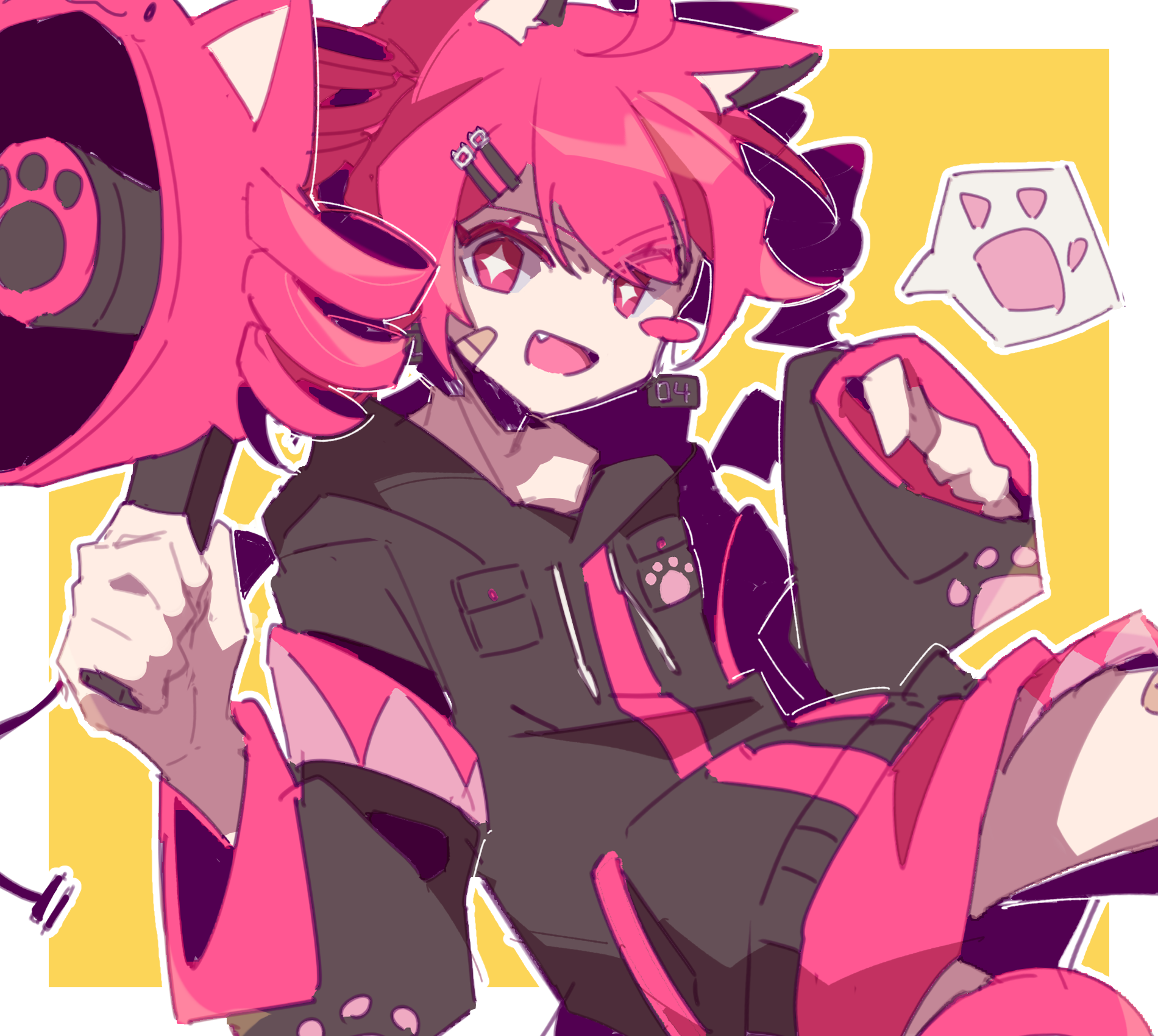 jiu (jiu076), kasane neko (haru57928031), kasane teto, utau, highres, + +, 1girl, ahoge, animal ear fluff, animal ears, bandaid, bandaid on face, black jacket, blush stickers, cat ears, drill hair, fang, hair ornament, hairclip, holding, holding megaphone, jacket, long sleeves, looking at viewer, megaphone, open mouth, pink eyes, pink hair, short hair, smile, solo, speech bubble, twin drills