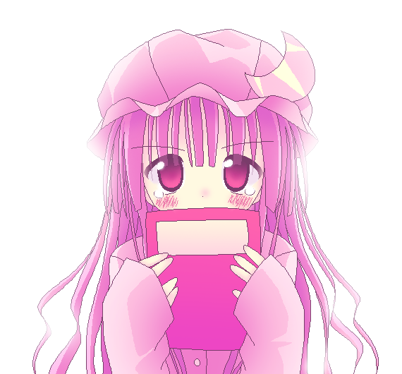 patchouli knowledge, touhou, 1girl, blush, book, female focus, hat, simple background, solo, tears, upper body, white background