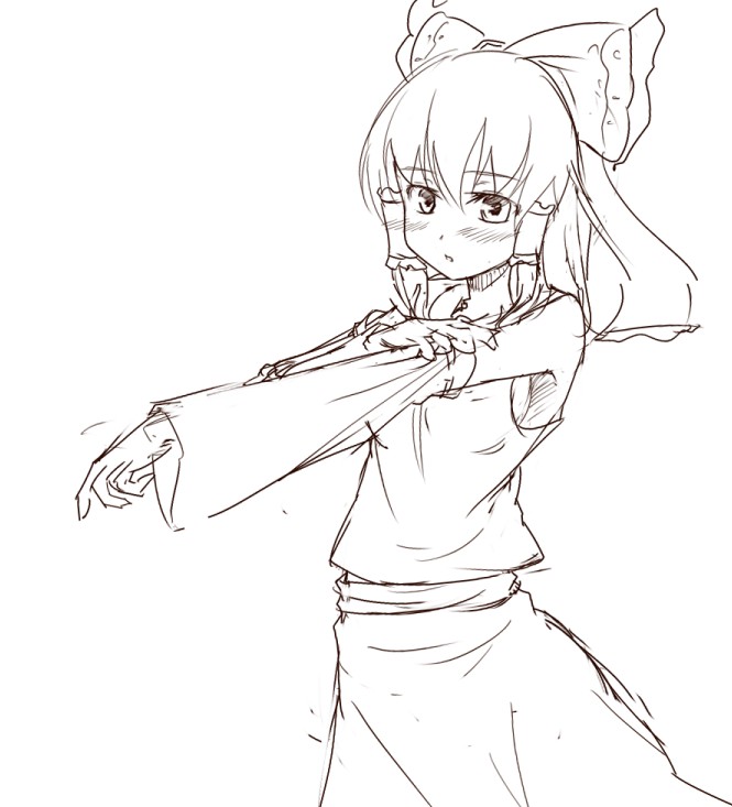 ket-c, hakurei reimu, touhou, 1girl, blush, bow, breasts, detached sleeves, dressing, female focus, greyscale, hair bow, hair tubes, japanese clothes, miko, monochrome, sideboob, sketch, skirt, skirt set, small breasts, solo