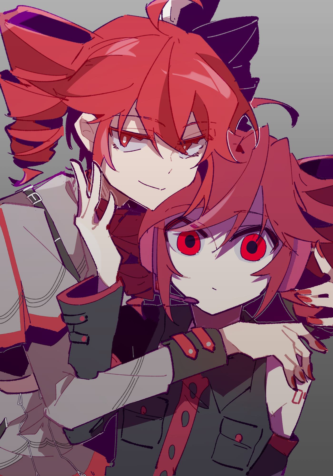 jiu (jiu076), kasane teto, kasane teto (sv), kasane teto (utau), synthesizer v, utau, highres, 2girls, ahoge, black shirt, closed mouth, detached sleeves, drill hair, dual persona, expressionless, grey background, grey jacket, grey skirt, hand on another's shoulder, hand up, jacket, long sleeves, looking at viewer, multiple girls, portrait, red hair, red nails, shirt, short hair, sidelocks, skirt, sleeveless, sleeveless shirt, smile, twin drills, upper body