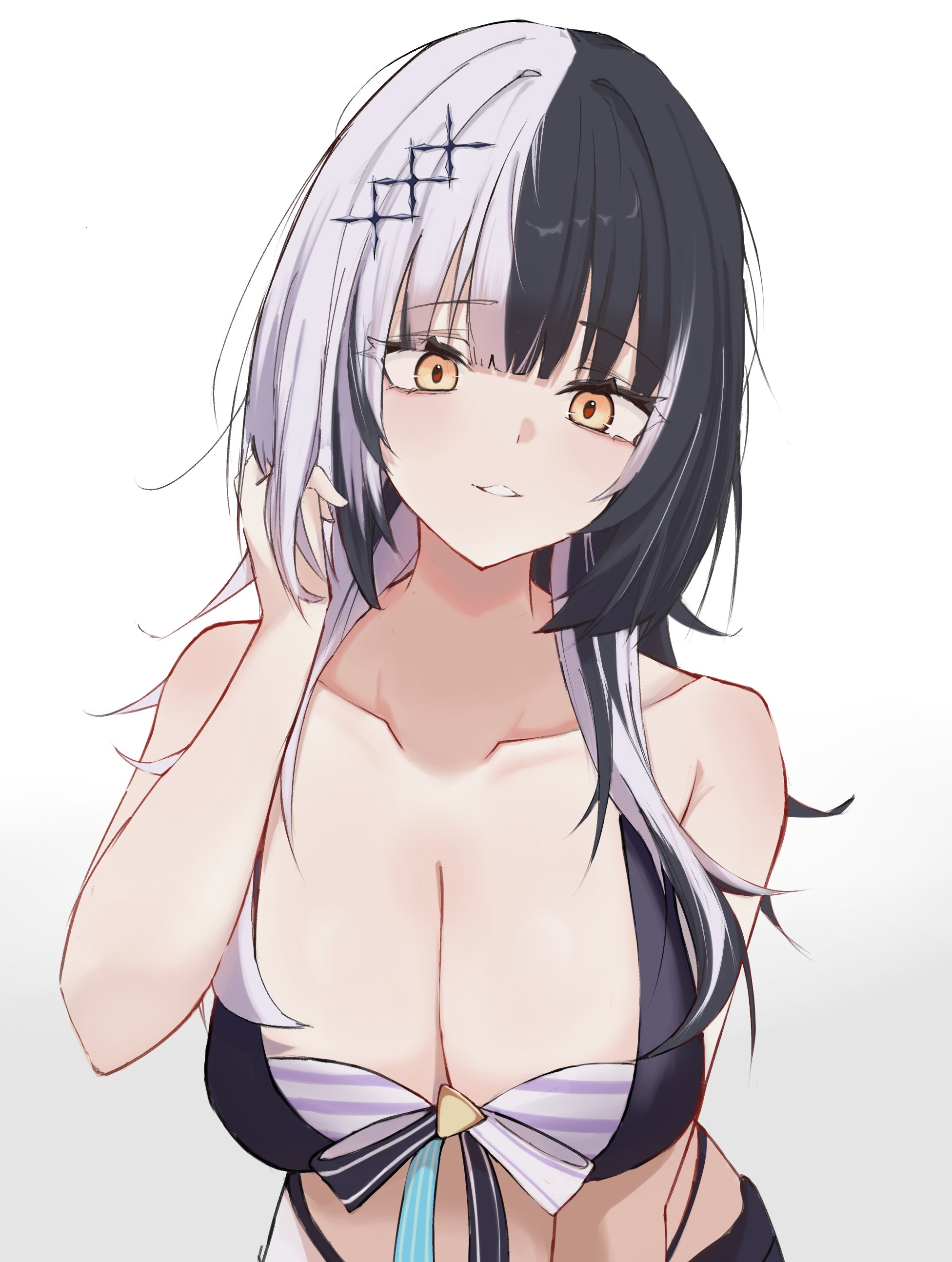 immakms zzz, shiori novella, hololive, hololive english, absurdres, commentary, highres, 1girl, bikini, black bikini, black hair, breasts, cleavage, collarbone, grey hair, grin, hair ornament, hand in own hair, highleg, highleg bikini, hololive summer 2023 swimsuit, large breasts, layered bikini, long hair, looking at viewer, multicolored hair, official alternate costume, simple background, smile, solo, split-color hair, striped bikini, striped clothes, swimsuit, two-tone hair, upper body, virtual youtuber, white background, yellow eyes