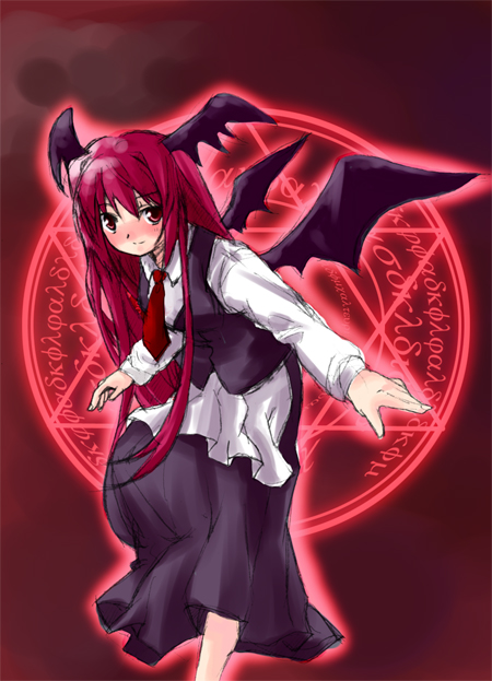 atsumi haru, koakuma, embodiment of scarlet devil, touhou, 1girl, bat wings, female focus, head wings, hexagram, long hair, magic circle, necktie, red eyes, red hair, red necktie, solo, wings