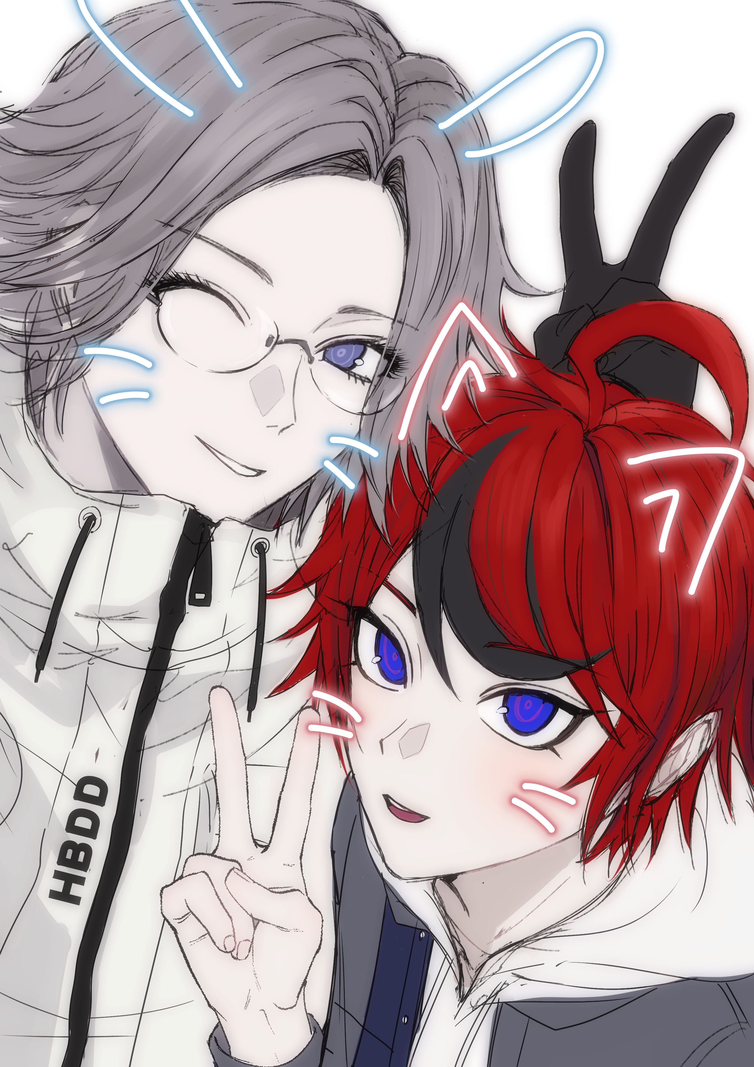 aotsuki eito, sumino takumi, the hundred line -last defense academy-, absurdres, commentary, highres, 2boys, ahoge, animal ears, baji rstar, black gloves, black streaks, blue eyes, blue jacket, cat ears, drawn ears, drawn whiskers, drawstring, glasses, gloves, grey hair, grey jacket, hand up, hood, hoodie, jacket, jacket over hoodie, looking at viewer, male focus, multicolored hair, multicolored jacket, multiple boys, purple eyes, rabbit ears, red hair, ringed eyes, short hair, simple background, sketch, smile, streaked hair, two-tone jacket, upper body, v, white background, white hoodie, white jacket