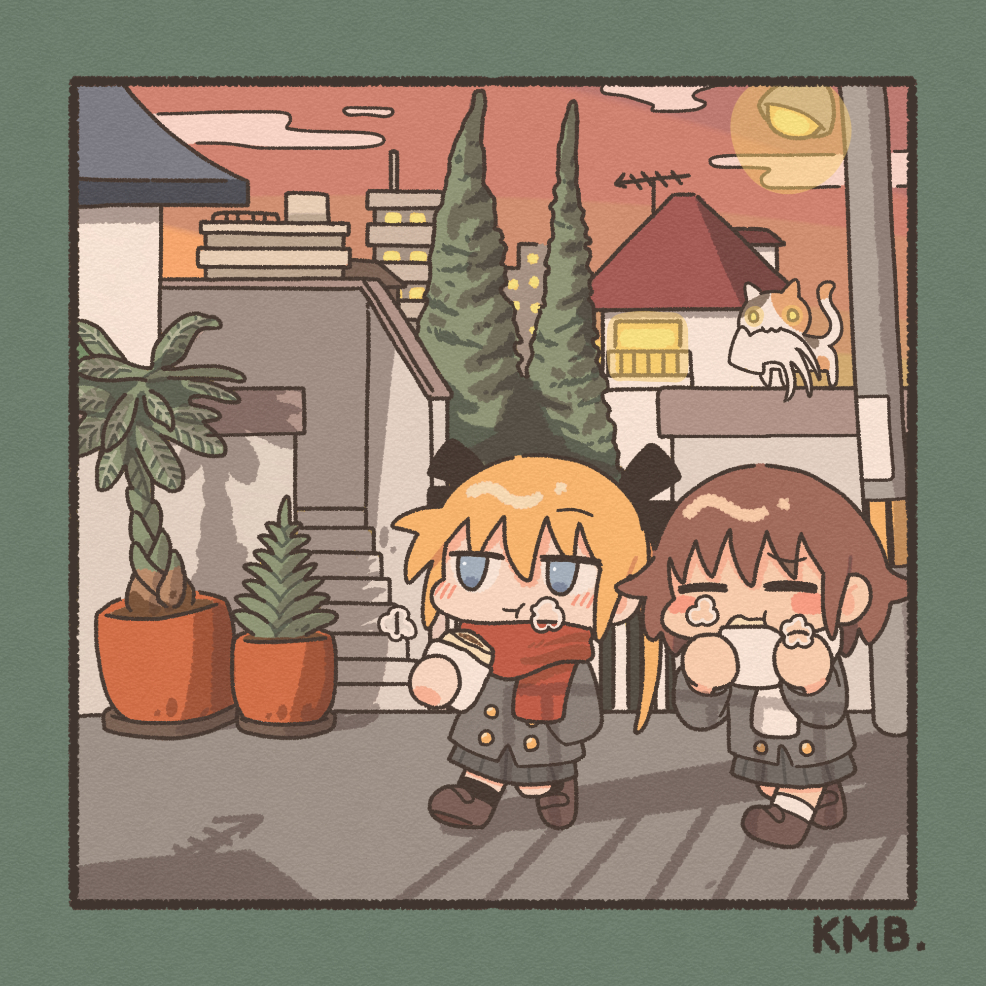 nikudango, oribe yasuna, sonya (kill me baby), kill me baby, highres, 2girls, black ribbon, black socks, blonde hair, blue border, blue eyes, blush, border, brown hair, brown shoes, chibi, chibi only, closed eyes, closed mouth, eating, food, grey skirt, hair ribbon, holding, holding food, lamppost, long hair, long sleeves, multiple girls, outdoors, pleated skirt, red scarf, ribbon, scarf, shoes, short hair, skirt, socks, stairs, sunset, tree, twintails, white scarf, white socks