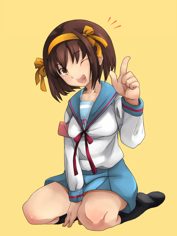 knucklecurve, suzumiya haruhi, suzumiya haruhi no yuuutsu, bad id, bad pixiv id, 00s, brown eyes, brown hair, hairband, kneeling, one eye closed, pointing, school uniform, serafuku, short hair, simple background, solo, wink, yellow background