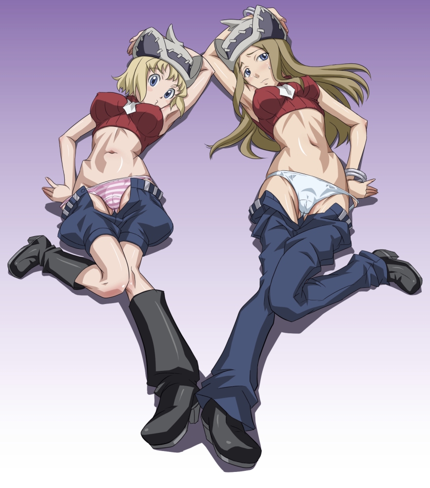 tofu (tf07px), elizabeth thompson, patricia thompson, soul eater, 00s, 2girls, armpits, bare shoulders, blonde hair, blue eyes, blush, boots, bracelet, brown hair, cameltoe, clothes pull, denim, denim shorts, hat, hip bones, jewelry, long hair, lying, midriff, multiple girls, necktie, open fly, panties, pants, pants pull, panty pull, pulling own clothes, short hair, shorts, shorts pull, siblings, sisters, sleeveless, sleeveless turtleneck, striped clothes, striped panties, turtleneck, underwear, undressing, unzipped, white panties