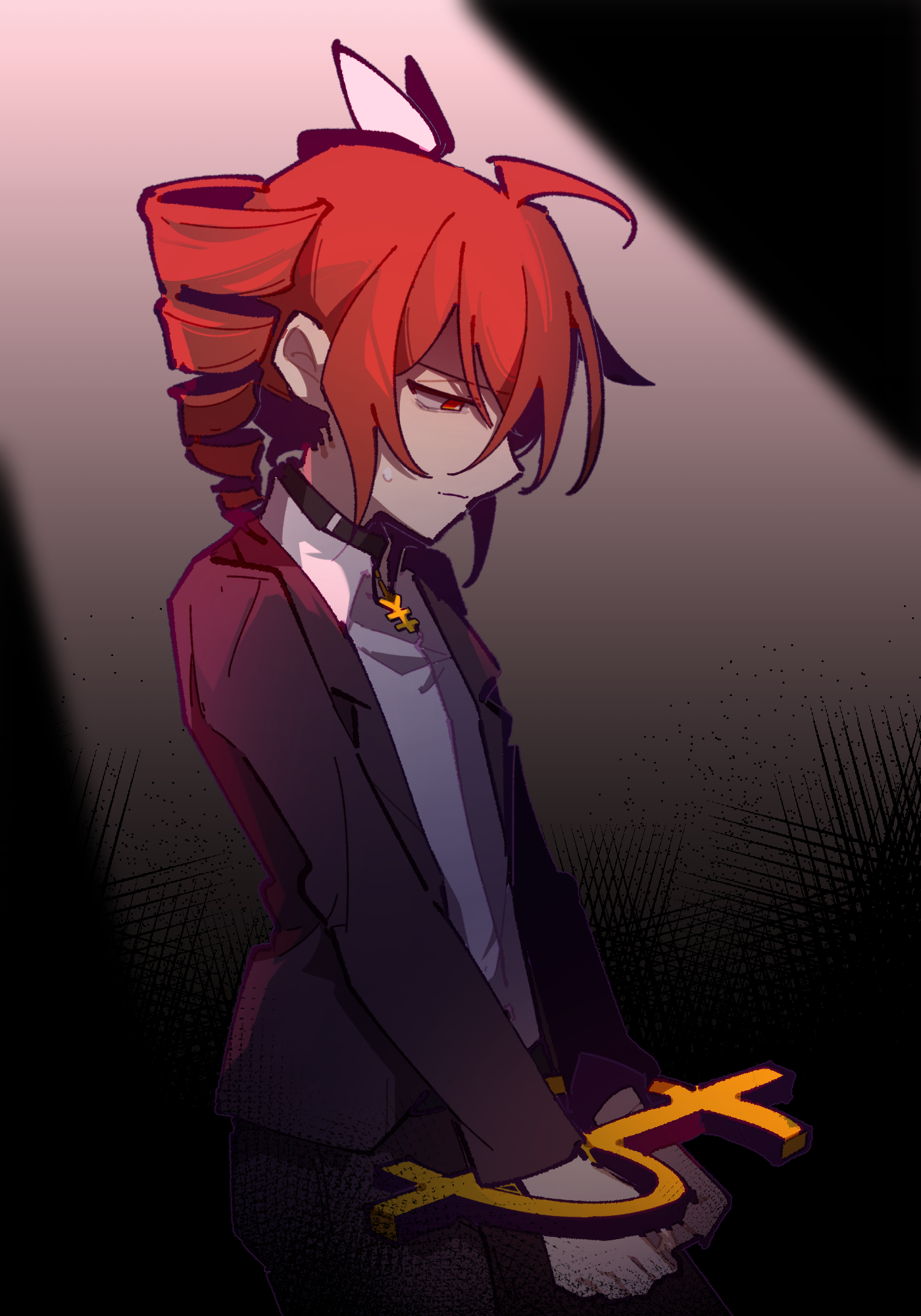 jiu (jiu076), kasane teto, kasane teto (sv), synthesizer v, utau, highres, 1girl, ahoge, black jacket, black pants, blue shirt, bound, bound wrists, bow, closed mouth, dollar sign, drill hair, flat chest, from side, frown, hair bow, half-closed eyes, hataraite mo (synthesizer v), jacket, long sleeves, looking down, pants, red eyes, red hair, shirt, short hair, sidelocks, solo, spotlight, standing, sweatdrop, twin drills, yen sign