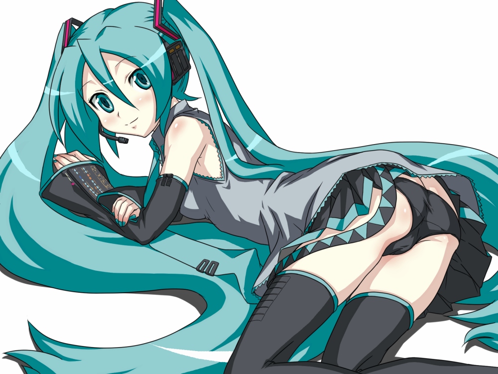 tofu (tf07px), hatsune miku, vocaloid, 1girl, aqua nails, ass, blue eyes, blue hair, cameltoe, detached sleeves, female focus, long hair, lying, matching hair/eyes, nail polish, panties, solo, thighhighs, twintails, underwear