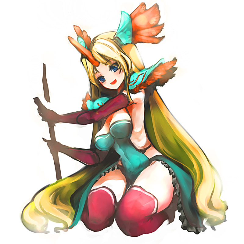 pupps, riesz, rune maiden, seiken densetsu, seiken densetsu 3, 1girl, blonde hair, blue eyes, elbow gloves, female focus, gloves, kneeling, long hair, red thighhighs, solo, thighhighs