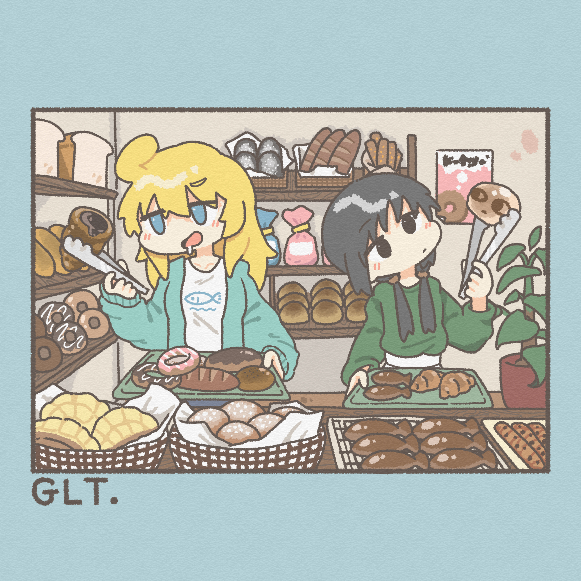 nikudango, chito (shoujo shuumatsu ryokou), yuuri (shoujo shuumatsu ryokou), shoujo shuumatsu ryokou, highres, 2girls, ahoge, alternate costume, baguette, black eyes, black hair, blonde hair, blue border, blue eyes, blush, border, bread, chocolate cornet, closed mouth, donut, drooling, flower pot, food, green sweater, holding, holding tongs, holding tray, indoors, long hair, long sleeves, low twintails, multiple girls, open mouth, plant, potted plant, shirt, smile, sweater, tongs, tray, twintails, white shirt