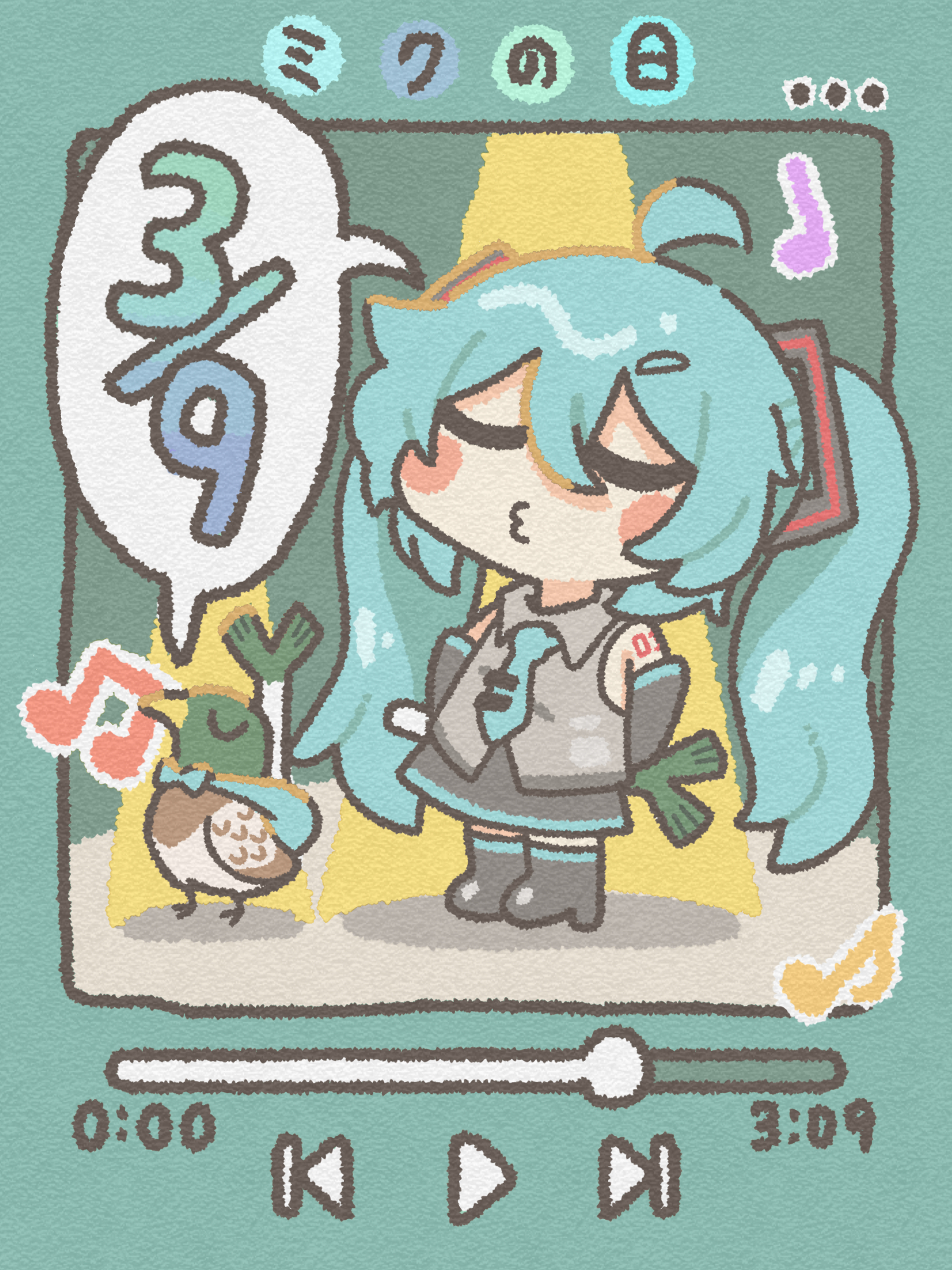 nikudango, hatsune miku, vocaloid, highres, translated, 1girl, ahoge, arms behind back, bird, black boots, black skirt, blue hair, blue necktie, boots, chibi, chibi only, collared shirt, detached sleeves, double-parted bangs, food, grey shirt, high heel boots, high heels, holding, holding food, holding spring onion, holding vegetable, long hair, long sleeves, miku day, musical note, necktie, puckered lips, shared speech bubble, shirt, skirt, sleeveless, sleeveless shirt, solo, speech bubble, spring onion, tie clip, twintails, vegetable