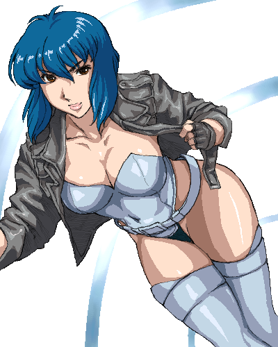 matoyama, kusanagi motoko, ghost in the shell, ghost in the shell: stand alone complex, lowres, 00s, 1girl, belt, blue hair, breasts, cleavage, female focus, fingerless gloves, gloves, highleg, highleg leotard, jacket, leotard, lips, oekaki, open clothes, open jacket, red eyes, short hair, solo, thighhighs
