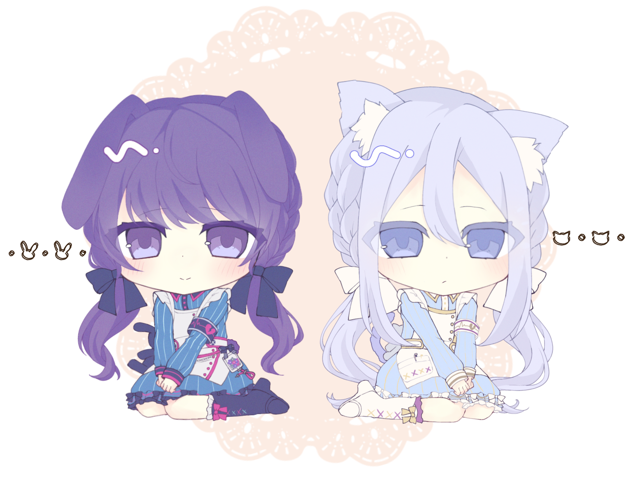 asahina mafuyu, yoisaki kanade, project sekai, highres, 2girls, alternate color, alternate costume, alternate hairstyle, animal ear fluff, animal ears, apron, armband, blue dress, blush, boots, bow, cat ears, cat tail, chibi, collared dress, dress, dress bow, frilled apron, frilled dress, frilled footwear, frills, hair bow, lace-up boots, long hair, low twintails, multiple girls, nurse, official alternate costume, official alternate hairstyle, on floor, own hands together, purple armband, purple eyes, rabbit ears, sitting, striped clothes, striped dress, stuffed animal, stuffed rabbit, stuffed toy, swept bangs, tail, twintails, user vykj3845, vertical-striped clothes, vertical-striped dress, very long hair, white apron, white armband, wonderhorror~!? na kimodameshi! (project sekai)