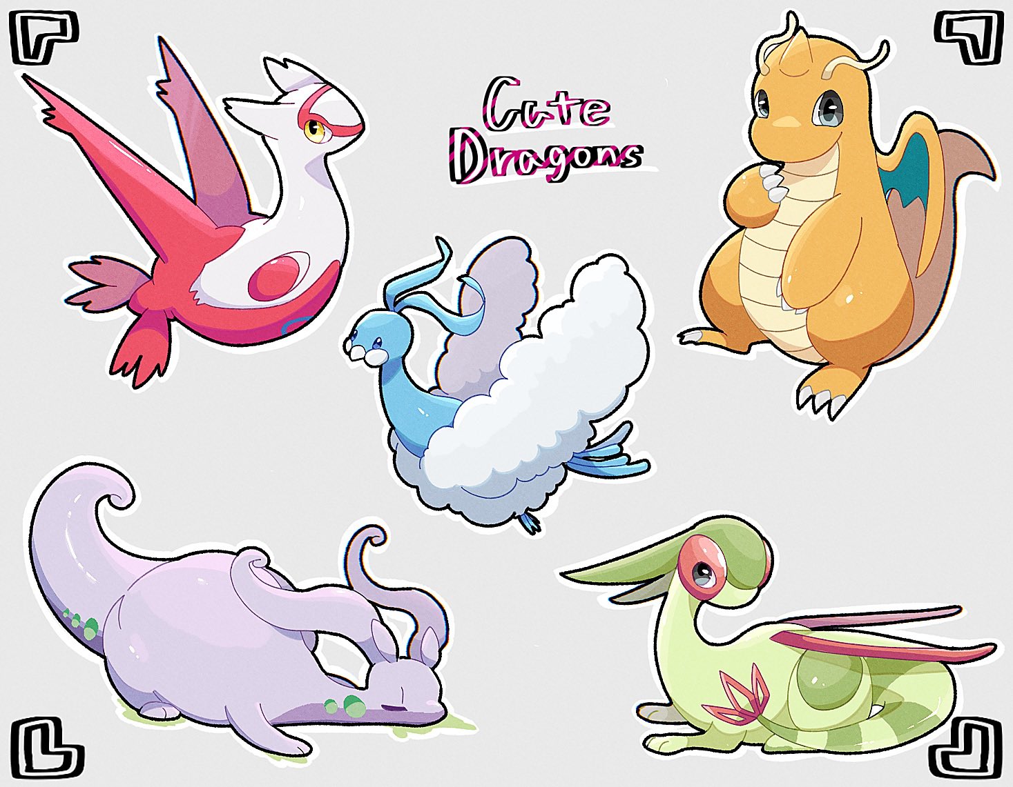 flygonlove330, altaria, dragonite, flygon, goodra, latias, nintendo, pokemon, claws, closed eyes, closed mouth, dragon, english text, full body, gen 1 pokemon, gen 3 pokemon, gen 6 pokemon, green wings, grey eyes, horns, legendary pokemon, no humans, pokemon (creature), pokemon focus, red eyes, simple background, single horn, slime (substance), tail, viewfinder, wings, yellow eyes