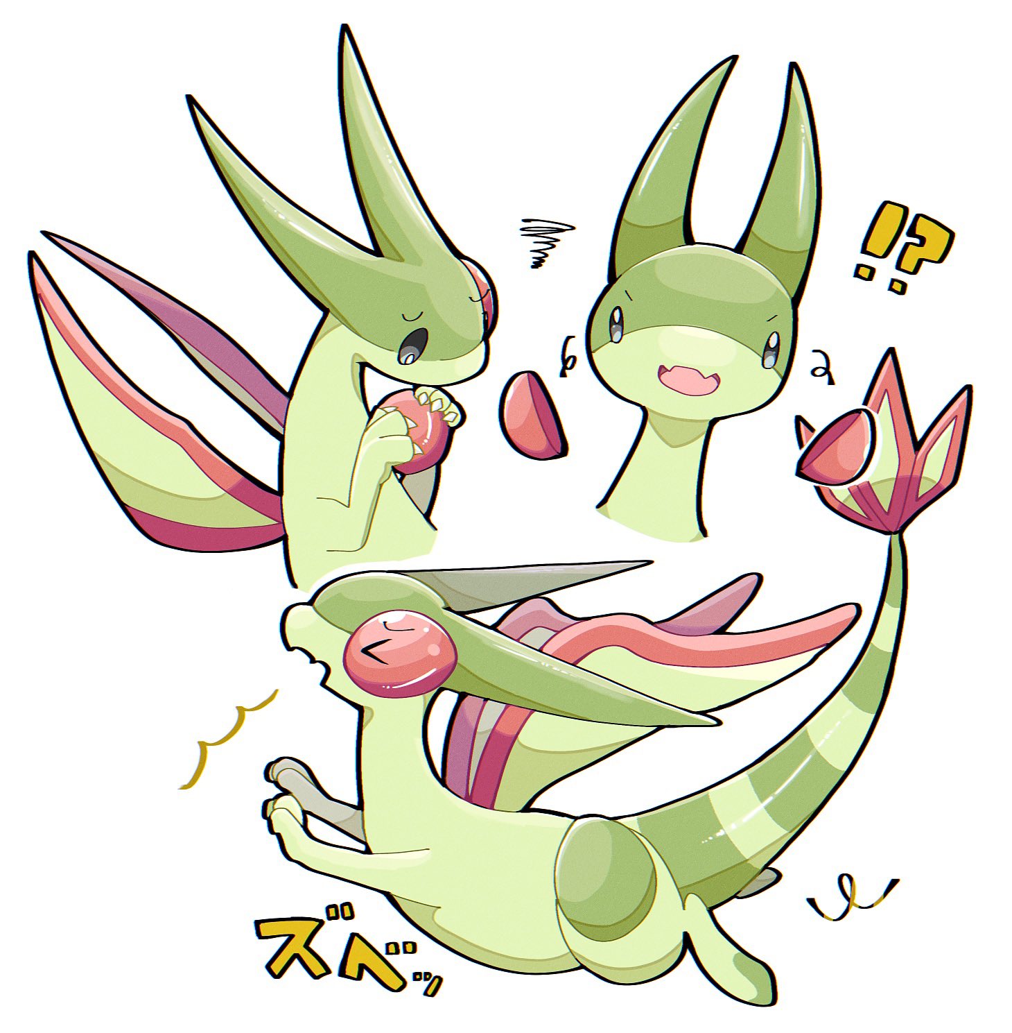 flygonlove330, flygon, nintendo, pokemon, highres, !, ?, claws, closed eyes, closed mouth, clumsy, dragon, gen 3 pokemon, green wings, no humans, open mouth, pokemon (creature), pokemon focus, tail, wings