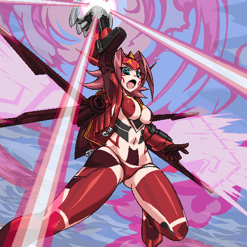eenen, guren (code geass), guren flight-enabled version, guren mk-ii, kouzuki kallen, code geass, lowres, 00s, 1girl, bodypaint, breasts, covered erect nipples, female focus, glowing, mecha musume, navel, nipples, oekaki, revealing clothes, solo