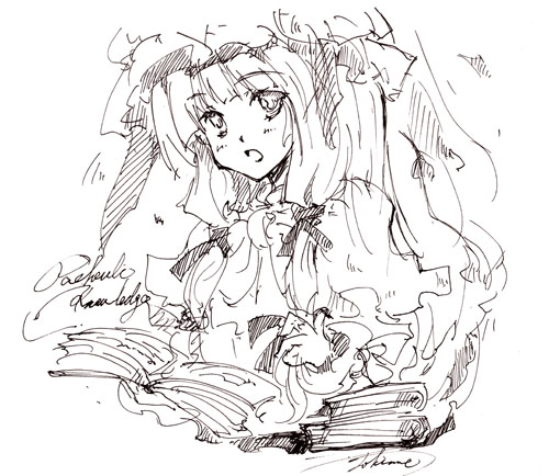 tokiame, patchouli knowledge, touhou, lowres, 1girl, book, female focus, greyscale, hat, monochrome, sketch, solo, upper body, white background