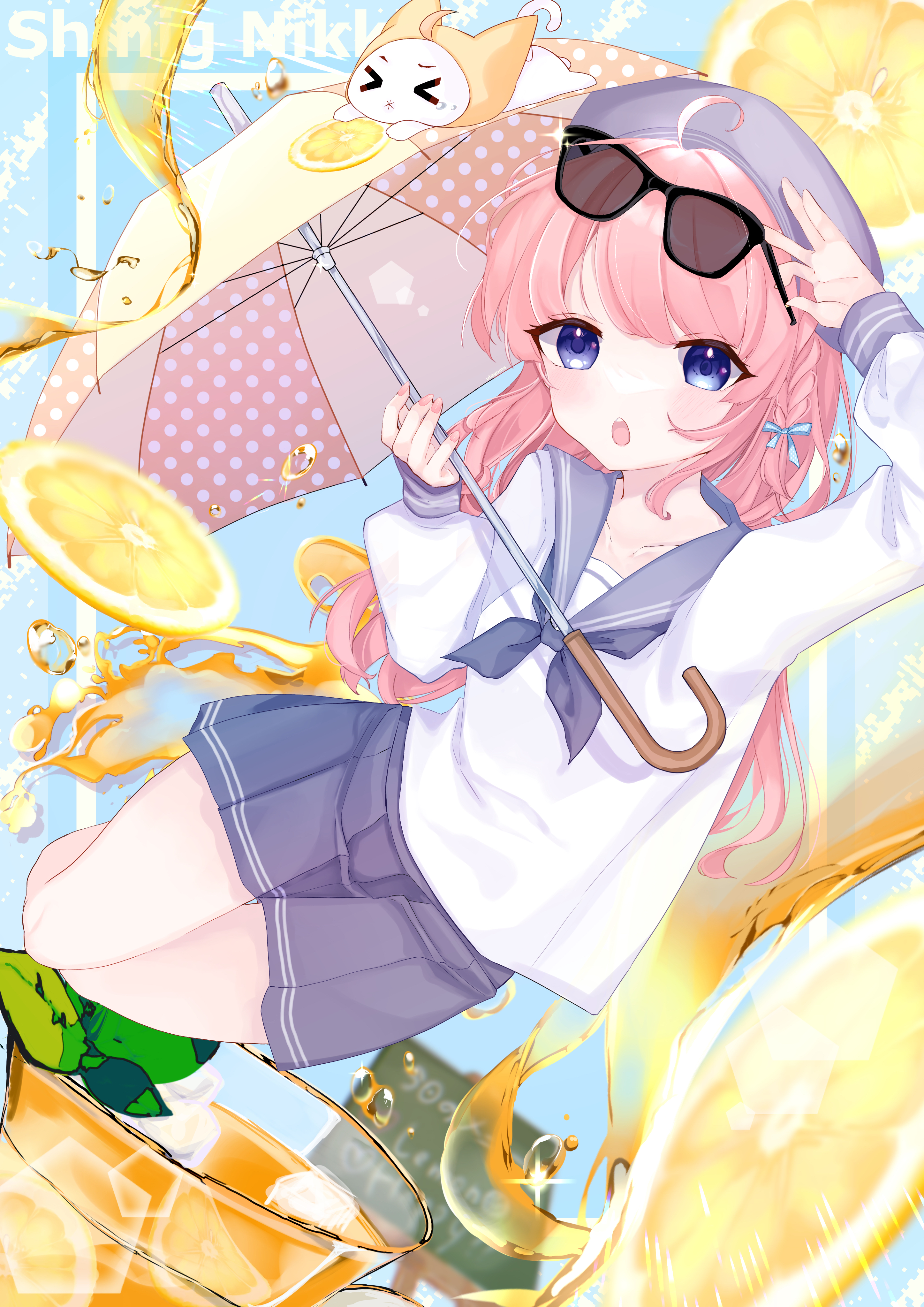 utagoma, momo (nikki), nikki (nikki), nikki (series), shining nikki, absurdres, highres, > <, 1girl, adjusting eyewear, ahoge, animal, bare legs, beret, black-framed eyewear, blue background, blue bow, blue eyes, blue hat, blue neckerchief, blue sailor collar, blue skirt, bow, braid, cat, cloak, clothed animal, collarbone, cup, drinking glass, ear covers, eyelashes, eyewear on head, falling, fantasy of the sky (shining nikki), food, fruit, full body, hair bow, hand on eyewear, hat, holding, holding umbrella, hood, hood up, hooded cloak, ice, ice cube, leaf, lemon, lemon slice, lemonade, light blush, long hair, long sleeves, looking at viewer, miniskirt, neckerchief, open mouth, pink hair, pleated skirt, polka dot, polka dot umbrella, puffy long sleeves, puffy sleeves, sailor collar, school uniform, serafuku, shirt, sign, single braid, skirt, sparkle, sunglasses, teeth, umbrella, upper teeth only, very long hair, white cat, white shirt, yellow cloak, yellow umbrella