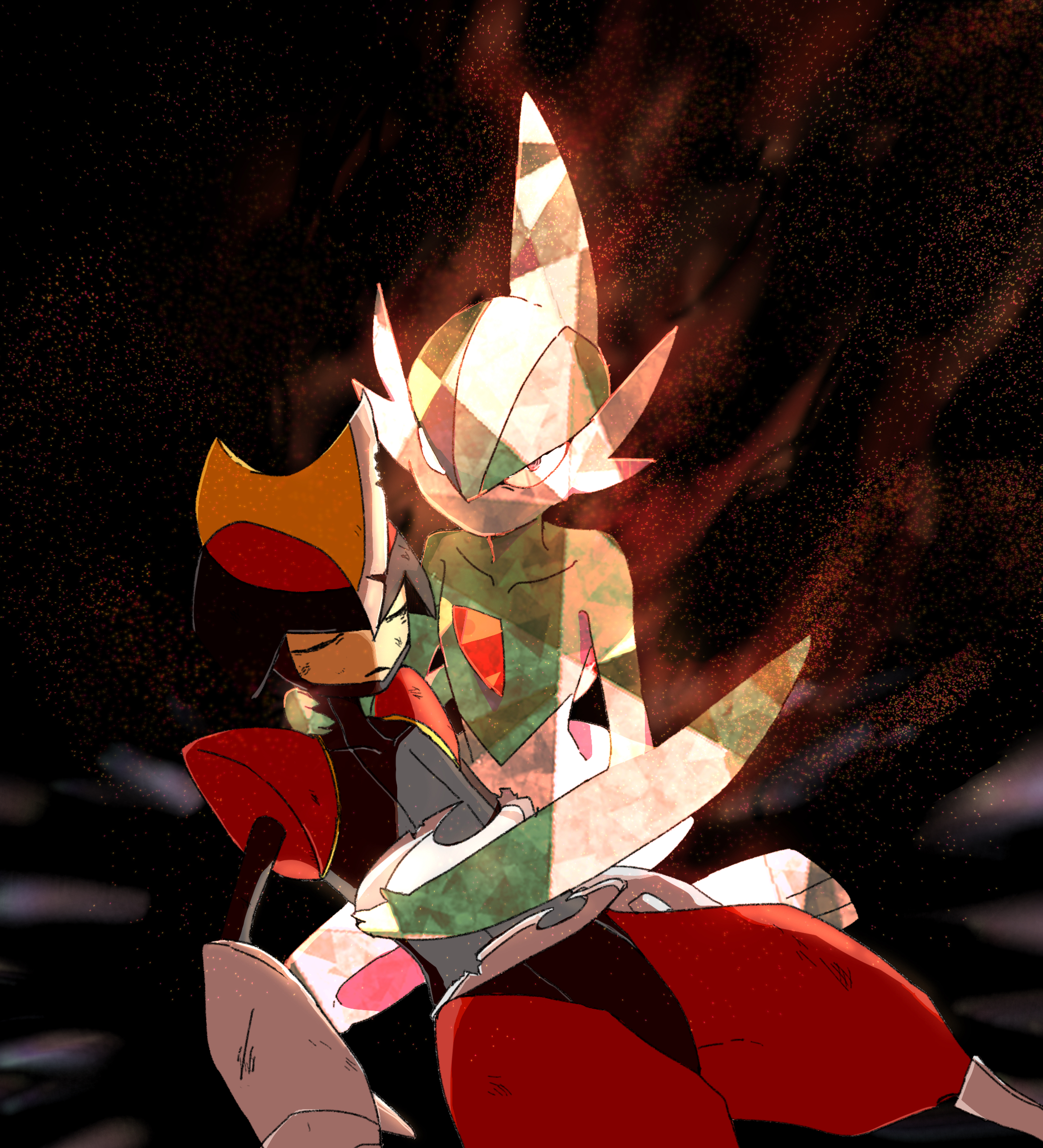 yuugure—0930, bisharp, gallade, nintendo, pokemon, highres, 2others, after battle, arm blade, bags under eyes, battle scarred, black background, border, closed eyes, colored skin, crack of light, defeat, dirty, dirty clothes, dirty face, facing another, gen 4 pokemon, gen 5 pokemon, green hair, green helmet, grey helmet, grey trim, hand on another's back, hand on another's chest, hand on another's neck, helmet, injury, kneeling, leaning on person, light particles, looking at viewer, mohawk, multicolored skin, multiple others, no mouth, on ground, ornate border, outdoors, pokemon (creature), red eyes, red helmet, red trim, shoulder pads, two-tone helmet, two-tone skin, weapon