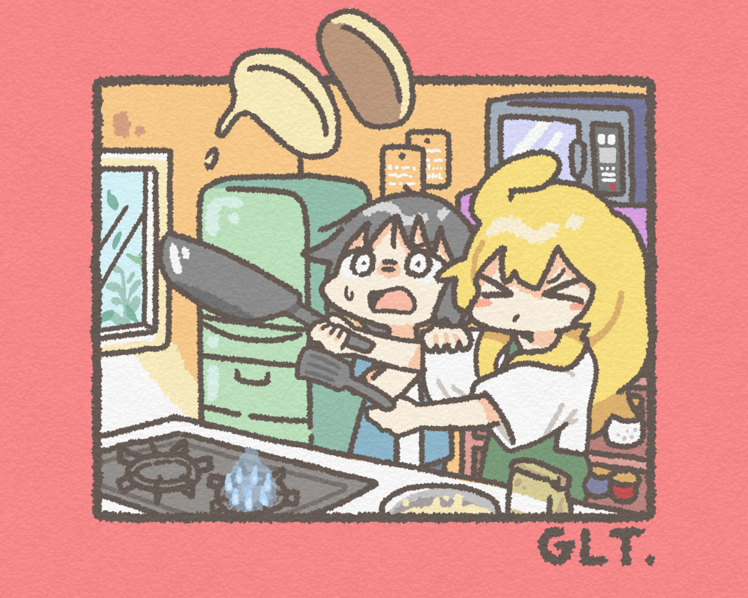 nikudango, chito (shoujo shuumatsu ryokou), yuuri (shoujo shuumatsu ryokou), shoujo shuumatsu ryokou, highres, > <, 2girls, ahoge, alternate costume, alternate eye color, apron, black hair, blonde hair, border, chibi, chibi only, closed eyes, closed mouth, day, frying pan, green apron, hand on another's arm, holding, holding frying pan, holding spatula, indoors, long hair, low twintails, microwave, multiple girls, open mouth, red border, refrigerator, shirt, spatula, stove, sweatdrop, t-shirt, twintails, white eyes, white shirt, window