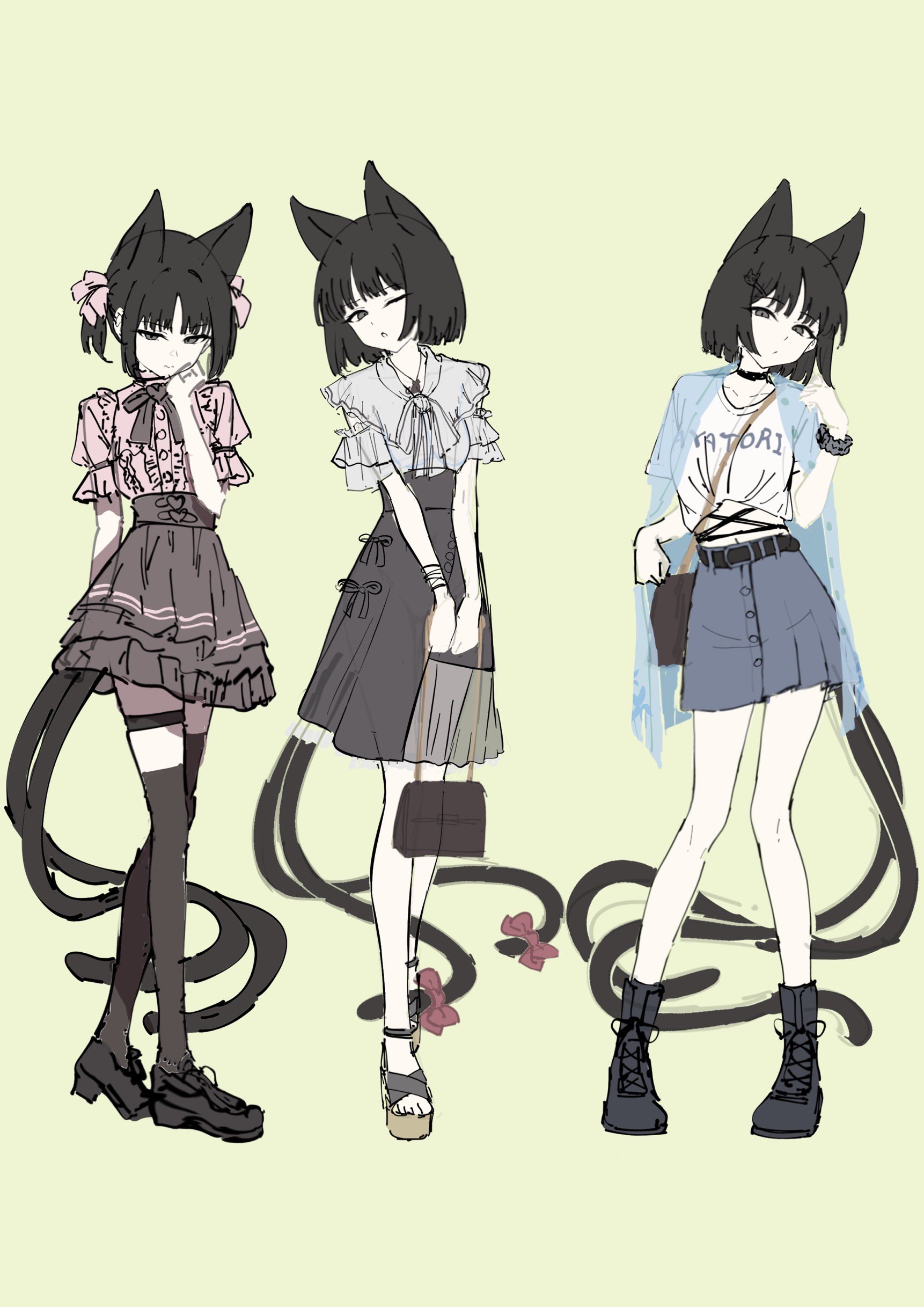 pizza (pizzania company), kikyou (blue archive), blue archive, absurdres, commentary request, highres, 1girl, alternate costume, animal ears, bag, bakeneko, black choker, black hair, blue jacket, bow, casual, cat ears, cat girl, cat tail, center frills, choker, contemporary, contrapposto, denim, denim skirt, feet, frilled shirt, frilled skirt, frills, full body, green background, handbag, high-waist skirt, jacket, jewelry, jirai kei, limited palette, midriff, multiple tails, multiple views, necklace, pink shirt, print shirt, sandals, shirt, short hair, simple background, sketch, skirt, standing, t-shirt, tail, tail bow, tail ornament, toes, twintails