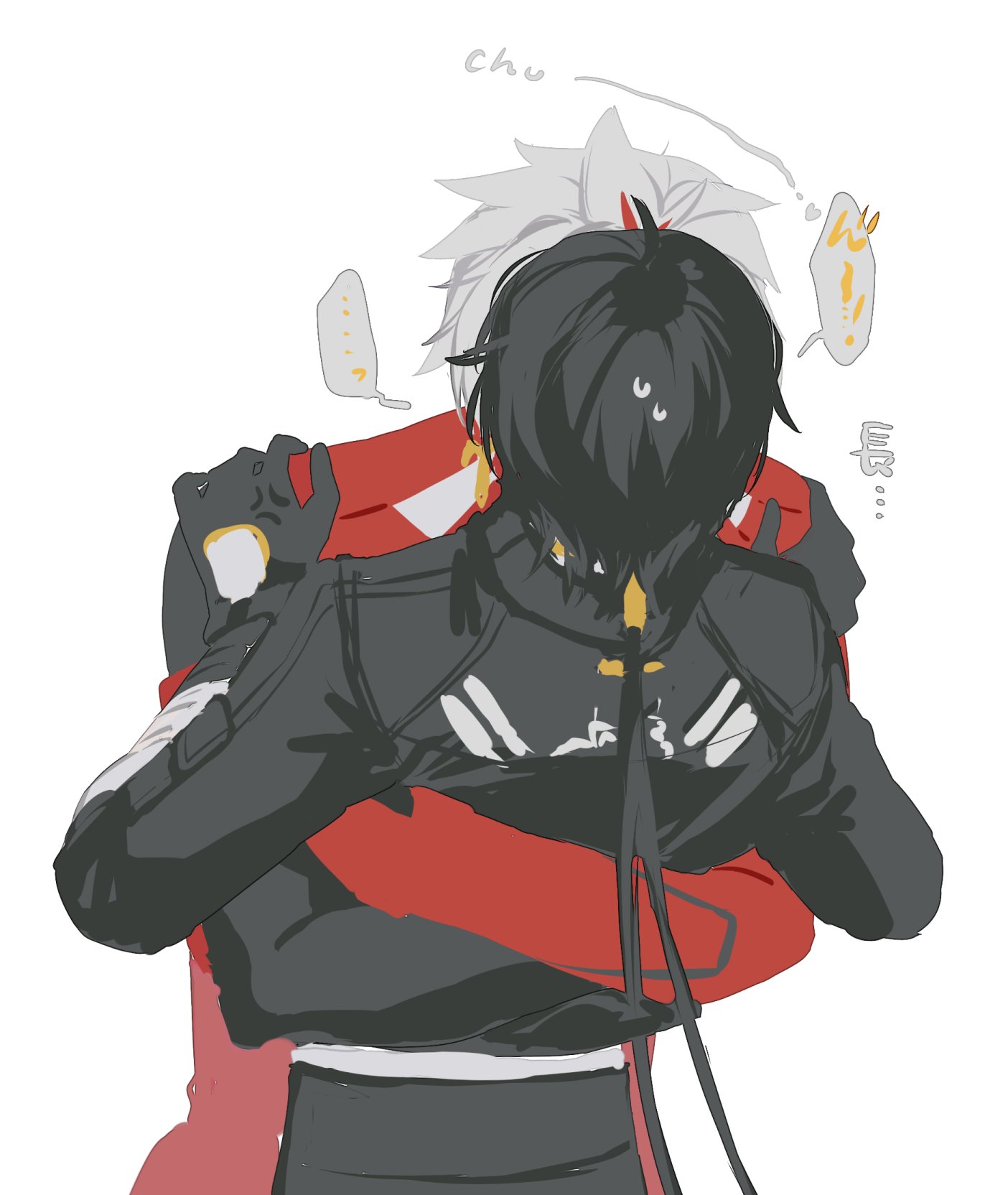 q 9981, male rover (wuthering waves), rover (wuthering waves), scar (wuthering waves), wuthering waves, commentary request, highres, …, 2boys, ahoge, anger vein, back, black gloves, black hair, black jacket, coat, earrings, gloves, grey hair, hair ornament, hands on another's shoulders, heart, hug, jacket, jewelry, kiss, long hair, long sleeves, low ponytail, male focus, multicolored hair, multiple boys, ponytail, red coat, red hair, short hair, simple background, speech bubble, spoken ellipsis, streaked hair, sweatdrop, sword earrings, white background, yaoi