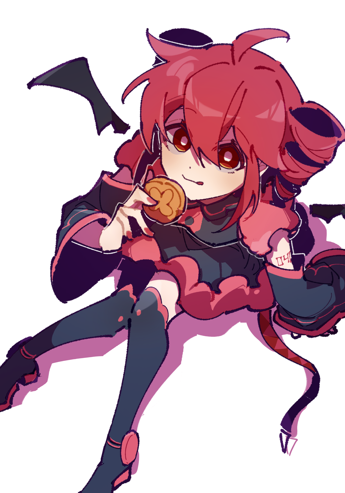 jiu (jiu076), kasane teto, kasane teto (utau), utau, highres, 1girl, adapted costume, ahoge, arm tattoo, black boots, black shirt, black skirt, boots, bright pupils, closed mouth, detached collar, detached sleeves, detached wings, drill hair, food, holding, holding food, licking lips, looking at viewer, looking up, mooncake, red eyes, red hair, shadow, shirt, short hair, simple background, sitting, skirt, solo, tattoo, thigh boots, tongue, tongue out, twin drills, white background, white pupils, wings
