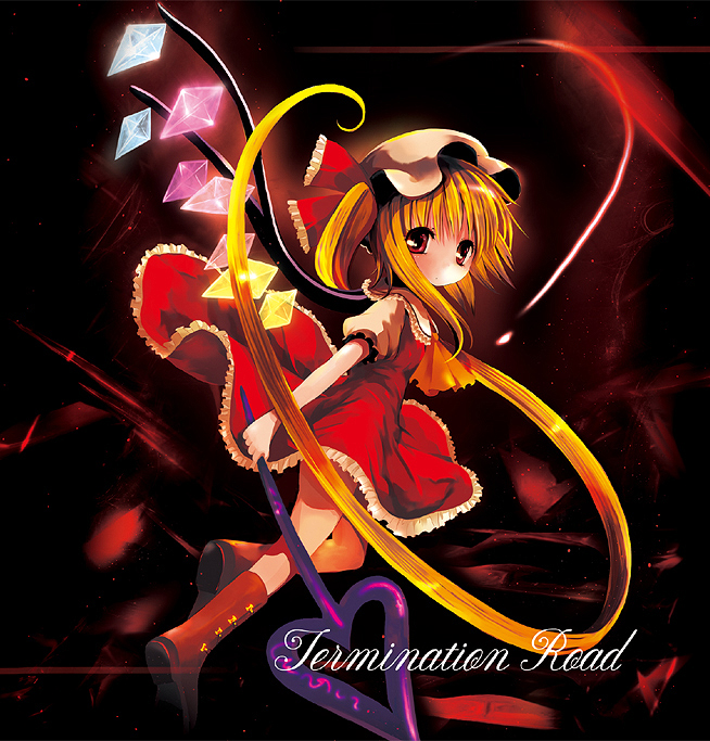 catbell, flandre scarlet, touhou, 1girl, album cover, blonde hair, boots, circle skirt, cover, female focus, from side, full body, red eyes, rubber boots, side ponytail, solo, wings