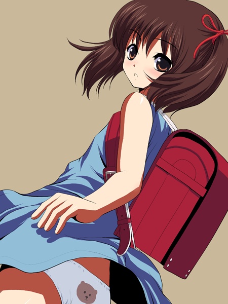 natori (natorism), original, 1girl, animal print, backpack, bag, bear panties, bear print, brown eyes, brown hair, dress, female focus, loli, panties, print panties, randoseru, solo, twintails, underwear, upskirt