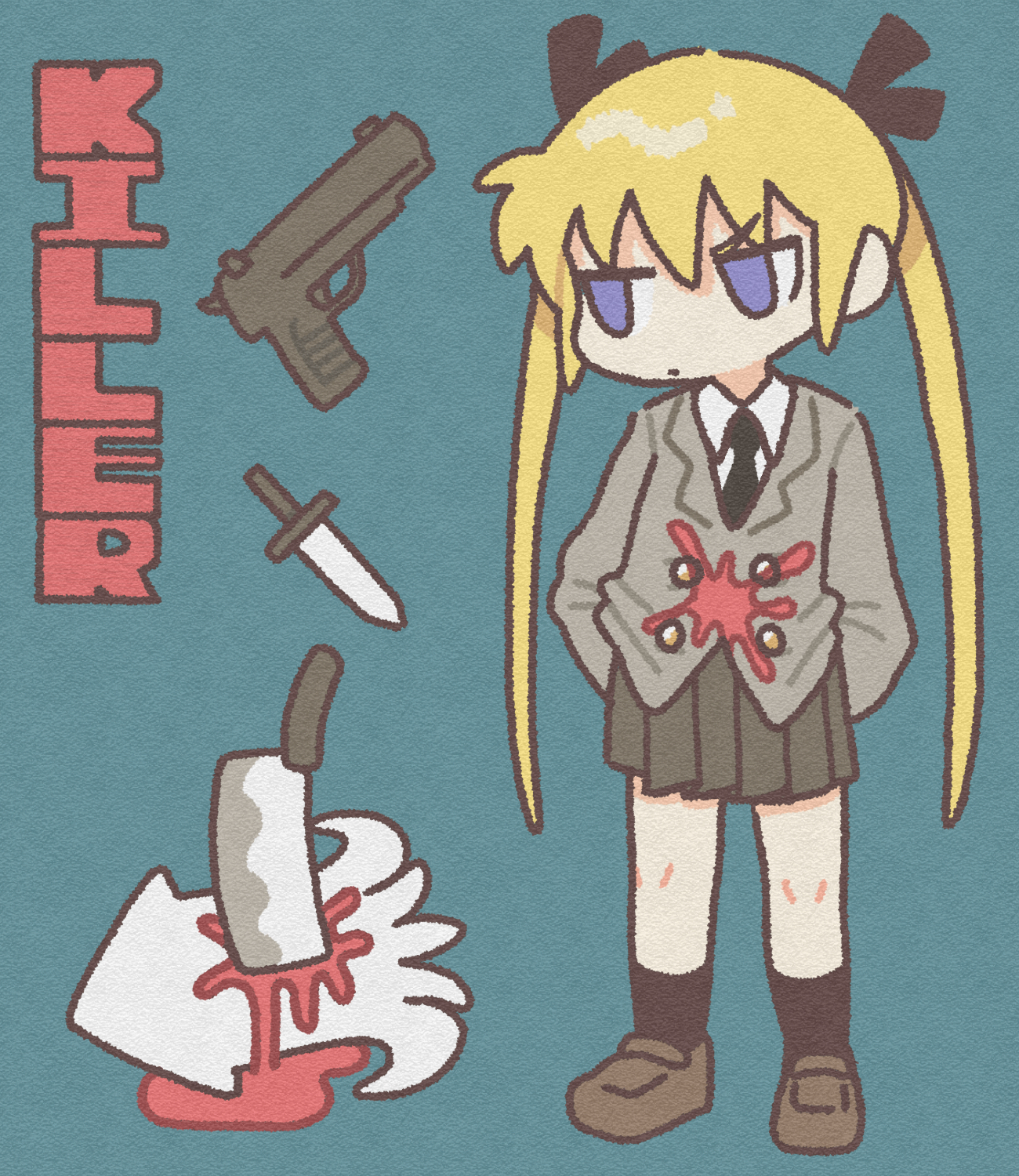 nikudango, sonya (kill me baby), kill me baby, highres, 1girl, arms behind back, black necktie, black ribbon, black skirt, black socks, blonde hair, blue background, blue eyes, brown shoes, cleaver, closed mouth, full body, gun, hair ribbon, handgun, knife, long hair, long sleeves, necktie, pleated skirt, ribbon, school uniform, shoes, simple background, skirt, socks, solo, standing, twintails, weapon