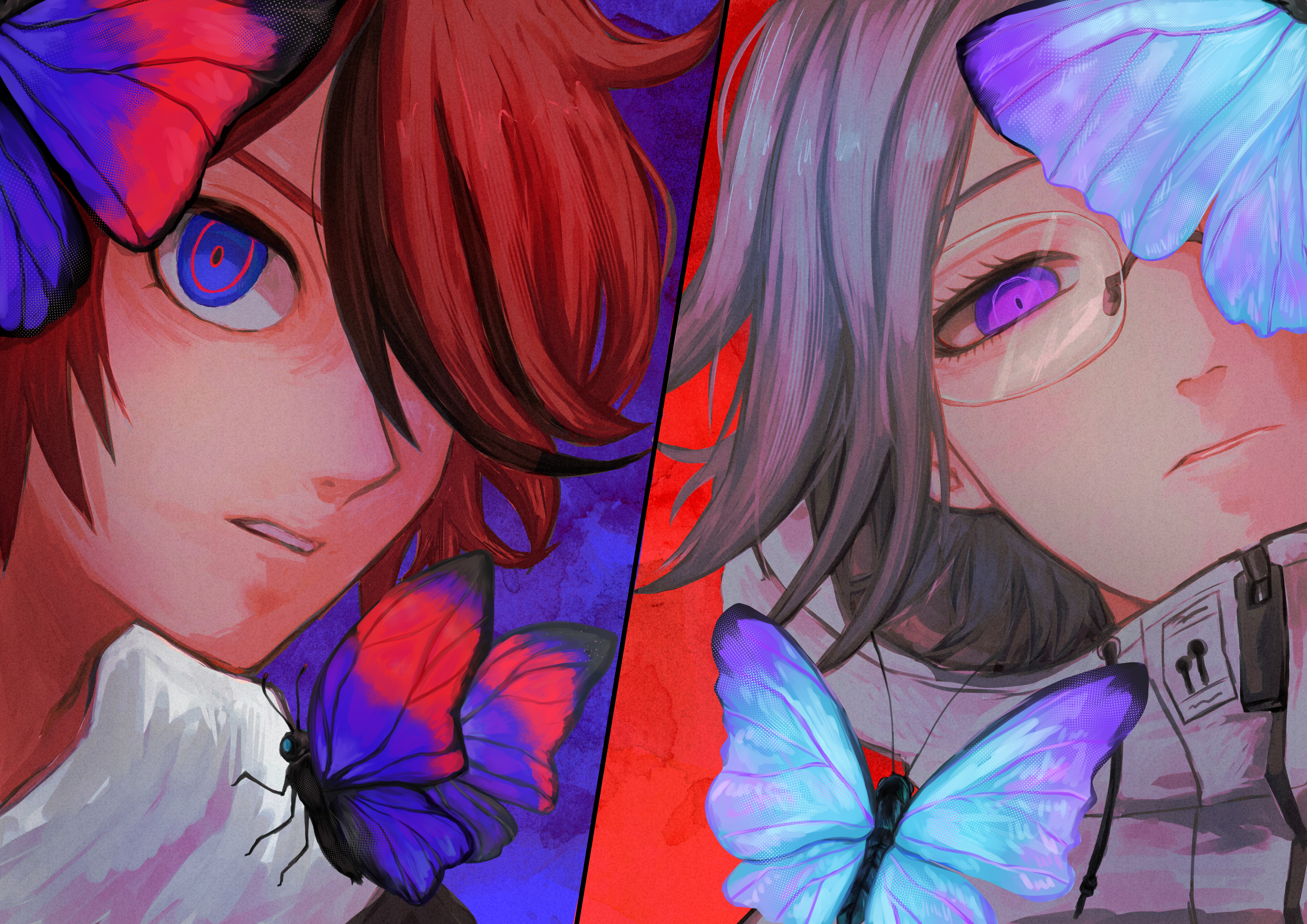 kawati, aotsuki eito, sumino takumi, the hundred line -last defense academy-, absurdres, highres, revision, 2boys, blue butterfly, blue eyes, bug, butterfly, glasses, grey hair, hair over one eye, insect, jacket, looking at viewer, male focus, multicolored hair, multiple boys, one eye covered, portrait, purple background, purple butterfly, purple eyes, red background, red hair, short hair, split screen, streaked hair, white jacket