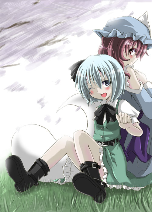 miwa maku, konpaku youmu, konpaku youmu (ghost), saigyouji yuyuko, touhou, silver hair, 2girls, back-to-back, female focus, grass, grey eyes, hat, multiple girls, nature, outdoors, plant, purple hair, red eyes, sitting, wink