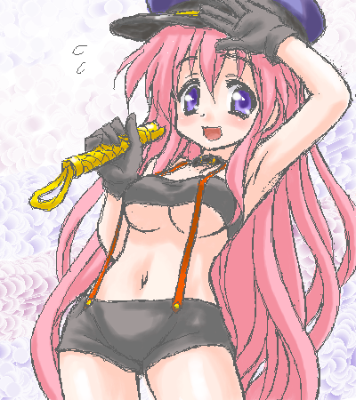 peter (artist), endou aya, sheryl nome, takara miyuki, lucky star, macross, macross frontier, lowres, 1girl, armpits, breasts, cosplay, female focus, gloves, hat, large breasts, long hair, midriff, oekaki, peaked cap, pink hair, purple eyes, sheryl nome (cosplay), shorts, solo, suspenders, underboob, very long hair, voice actor connection