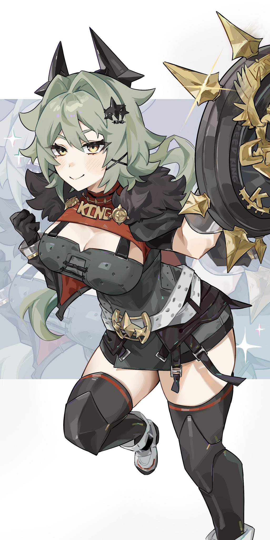 umiinu (umi inu11), caesar king (zenless zone zero), zenless zone zero, highres, 1girl, armor, belt, blush, breastplate, fur-trimmed jacket, fur trim, green hair, hair ornament, hairpin, holding, holding shield, jacket, jewelry, looking at viewer, necklace, prosthesis, prosthetic arm, shield, shoes, solo, sparkle, white background, white shoes, yellow eyes
