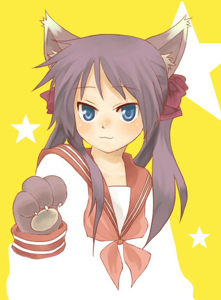 kochoko, hiiragi kagami, lucky star, bad id, bad pixiv id, 00s, animal ears, animal hands, blue eyes, cat ears, school uniform, serafuku, solo
