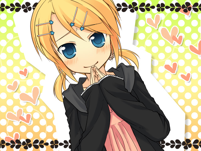 tamura hiro, kagamine rin, chu! shite! (vocaloid), vocaloid, 1girl, blonde hair, blue eyes, blush, dutch angle, female focus, hair ornament, hairclip, low twintails, no nose, own hands together, polka dot, polka dot background, short twintails, smile, solo, twintails, upper body